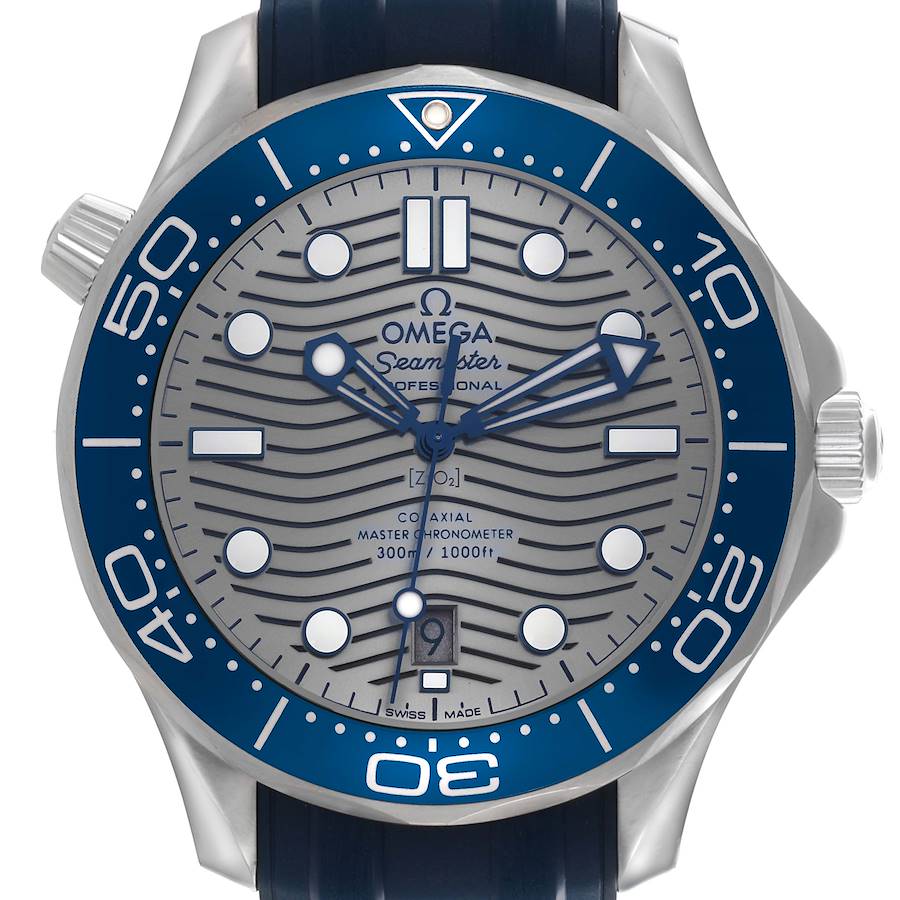 The Omega Seamaster watch is shown from a front angle, displaying its blue bezel, wavy dial, and visible date window.