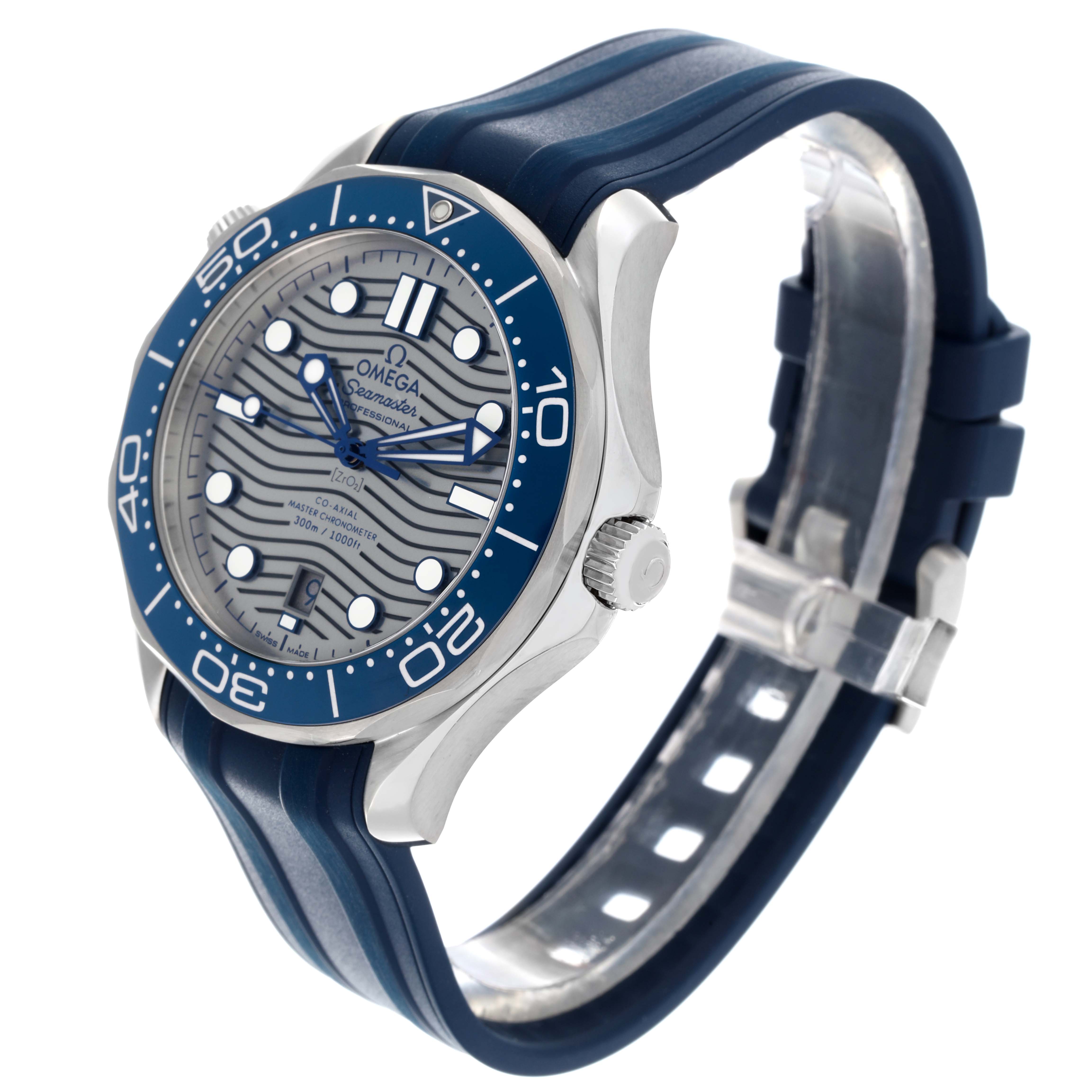 The Omega Seamaster 210.32.42.20.06.001 Men's Stainless Steel Grey Dial 210.32.42.20.06.001 Men's Stainless Steel Grey Dial watch is shown at a three-quarter angle, highlighting the dial, bezel, crown, and blue rubber strap.