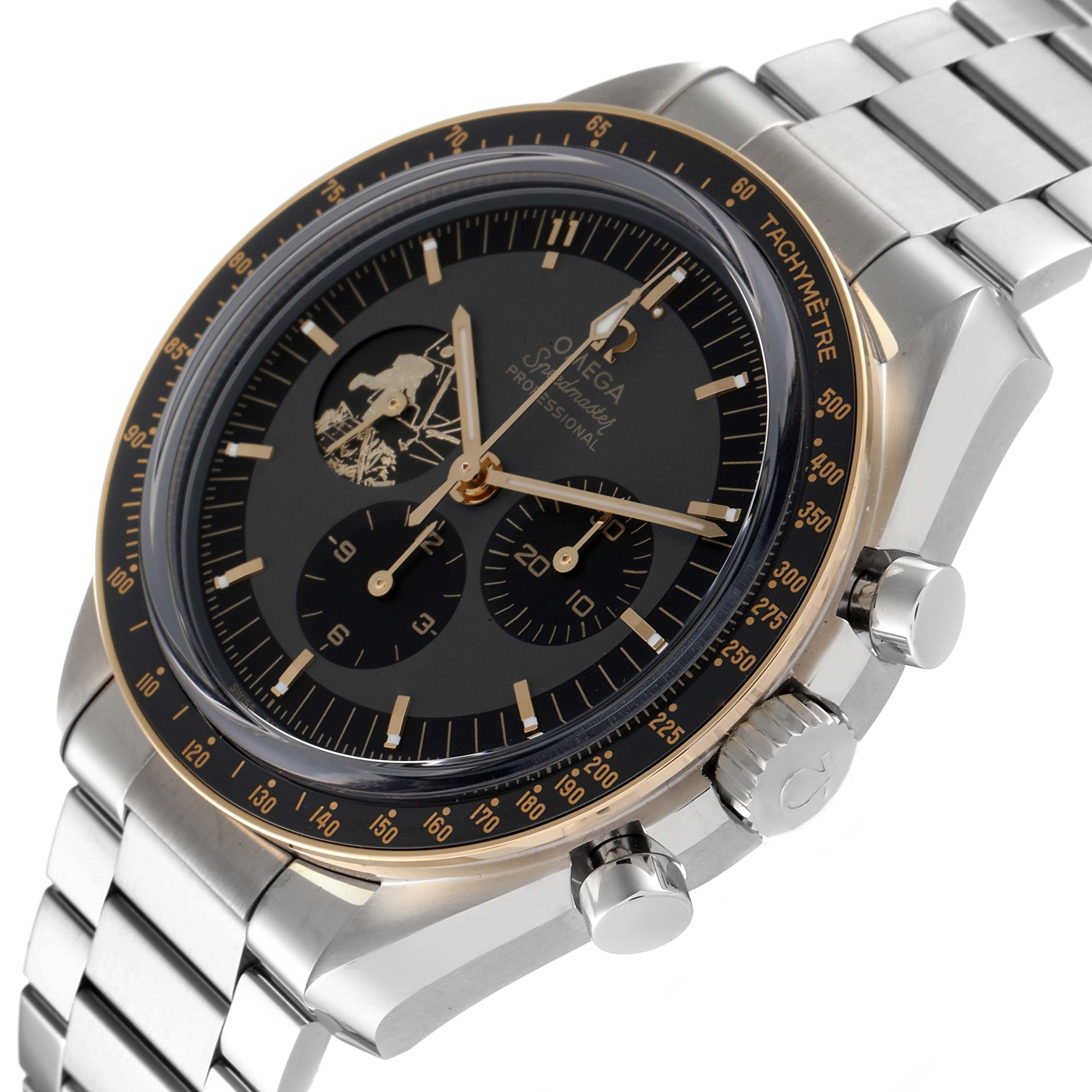 This image shows a side view of the Omega Speedmaster 310.20.42.50.01.001 Men's Stainless Steel Grey Dial 310.20.42.50.01.001 Men's Stainless Steel Grey Dial watch, highlighting the face, tachymeter bezel, and metal bracelet.