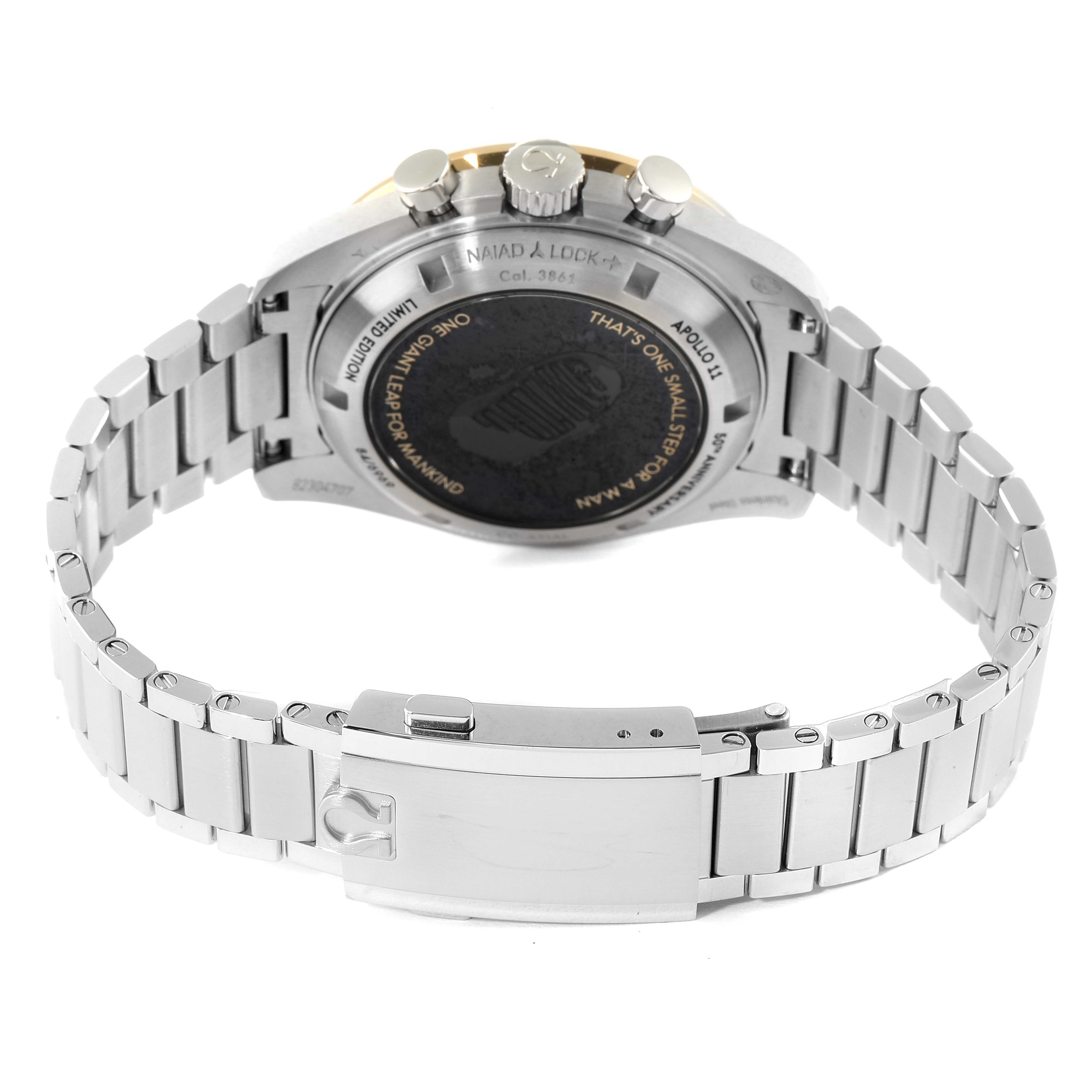 The image shows the rear view of an Omega Speedmaster 310.20.42.50.01.001 Men's Stainless Steel Grey Dial 310.20.42.50.01.001 Men's Stainless Steel Grey Dial watch, highlighting the case back, crown, and stainless steel bracelet.