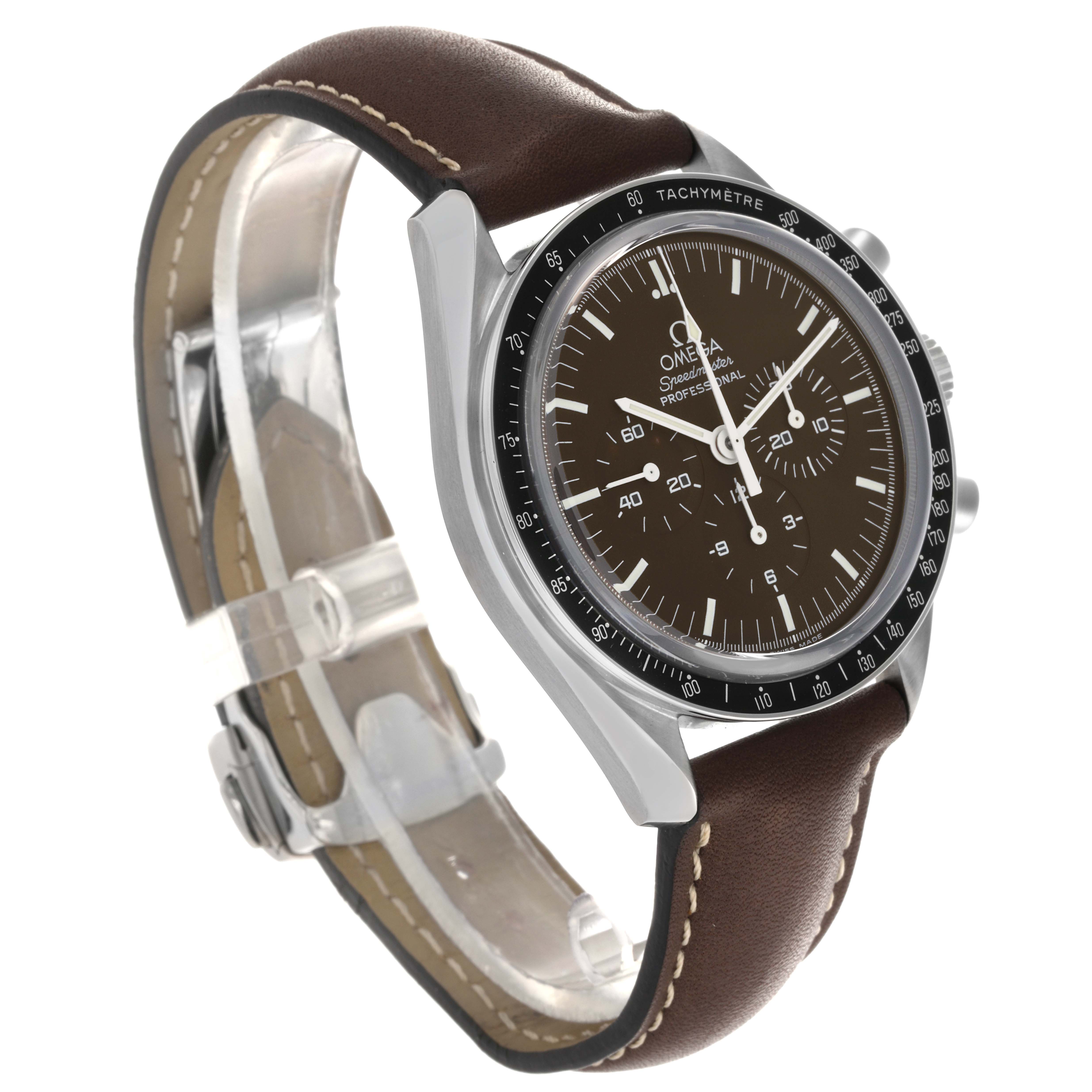The Omega Speedmaster 311.30.42.30.13.001 Men's Stainless Steel Brown Dial 311.30.42.30.13.001 Men's Stainless Steel Brown Dial is shown at a three-quarter angle, displaying its bezel, dial, and brown leather strap.