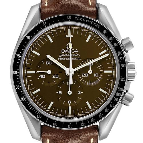 The Omega Speedmaster watch is shown from a front angle, highlighting its dial, bezel, and subdials.