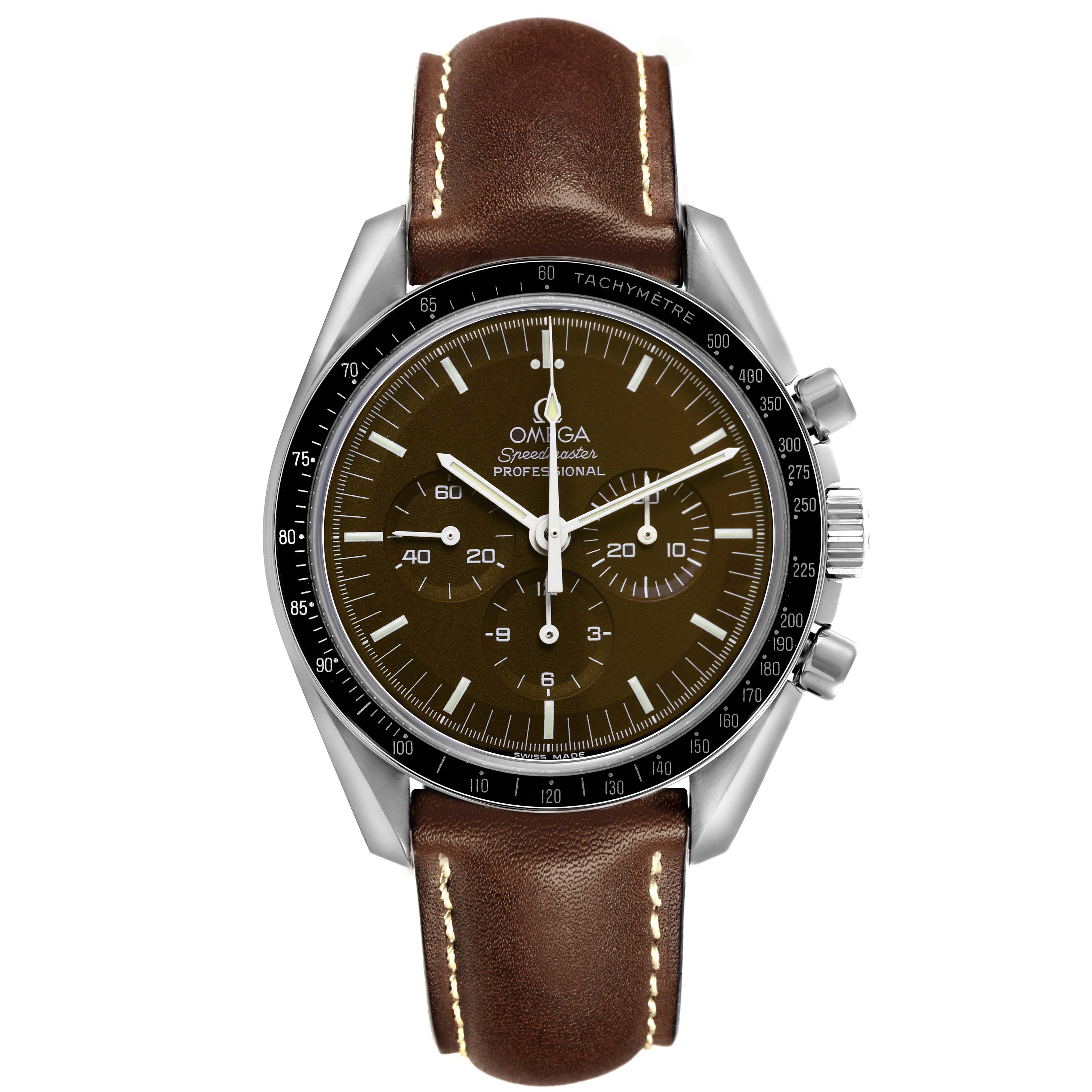The Omega Speedmaster 311.30.42.30.13.001 Men's Stainless Steel Brown Dial 311.30.42.30.13.001 Men's Stainless Steel Brown Dial watch is shown from a front angle, featuring the face, bezel, crown, pushers, and brown leather strap.