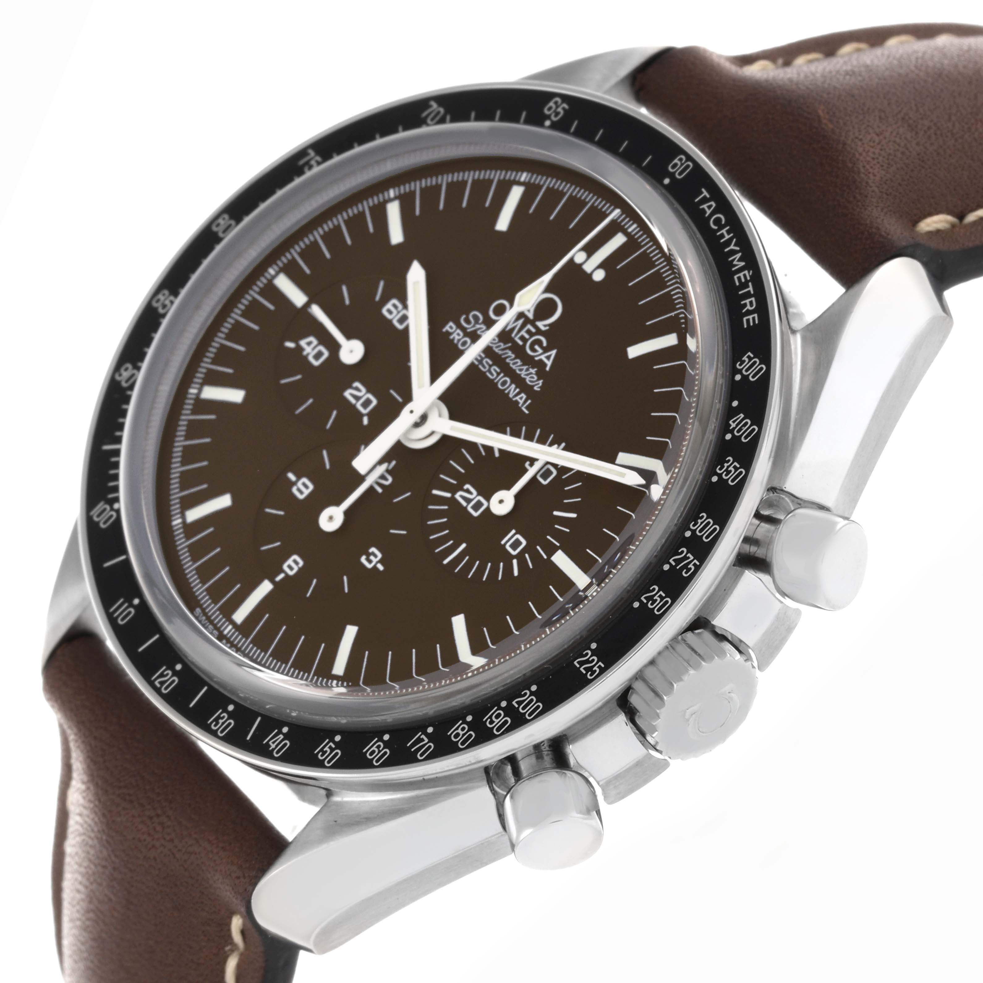 The Omega Speedmaster 311.30.42.30.13.001 Men's Stainless Steel Brown Dial 311.30.42.30.13.001 Men's Stainless Steel Brown Dial is shown at an angle highlighting the face, bezel, crown, pushers, and part of the leather strap.