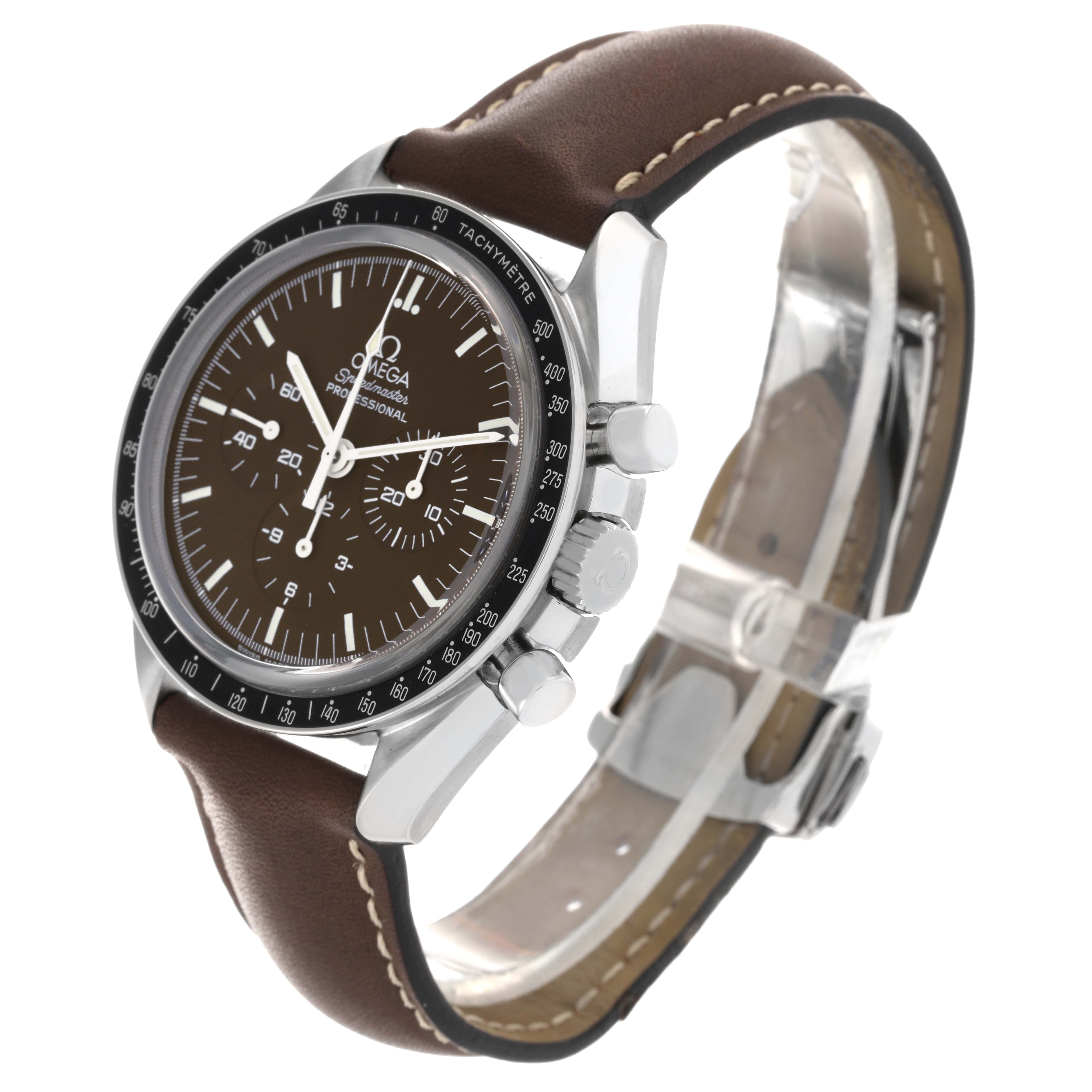 The Omega Speedmaster 311.30.42.30.13.001 Men's Stainless Steel Brown Dial 311.30.42.30.13.001 Men's Stainless Steel Brown Dial watch is shown at a three-quarter view, displaying its face, bezel, crown, pushers, and leather strap.