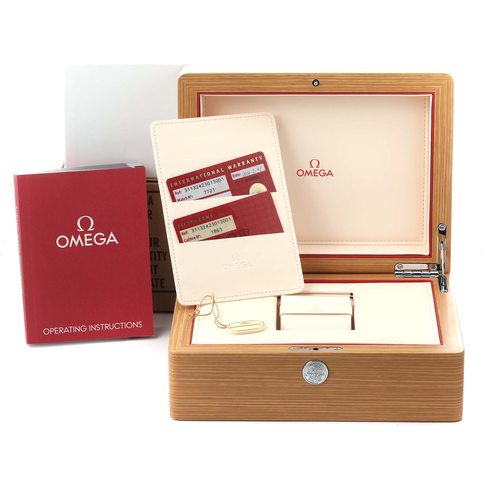 The image shows an Omega Speedmaster 311.30.42.30.13.001 Men's Stainless Steel Brown Dial 311.30.42.30.13.001 Men's Stainless Steel Brown Dial watch box, warranty cards, a manual, and a storage pouch.