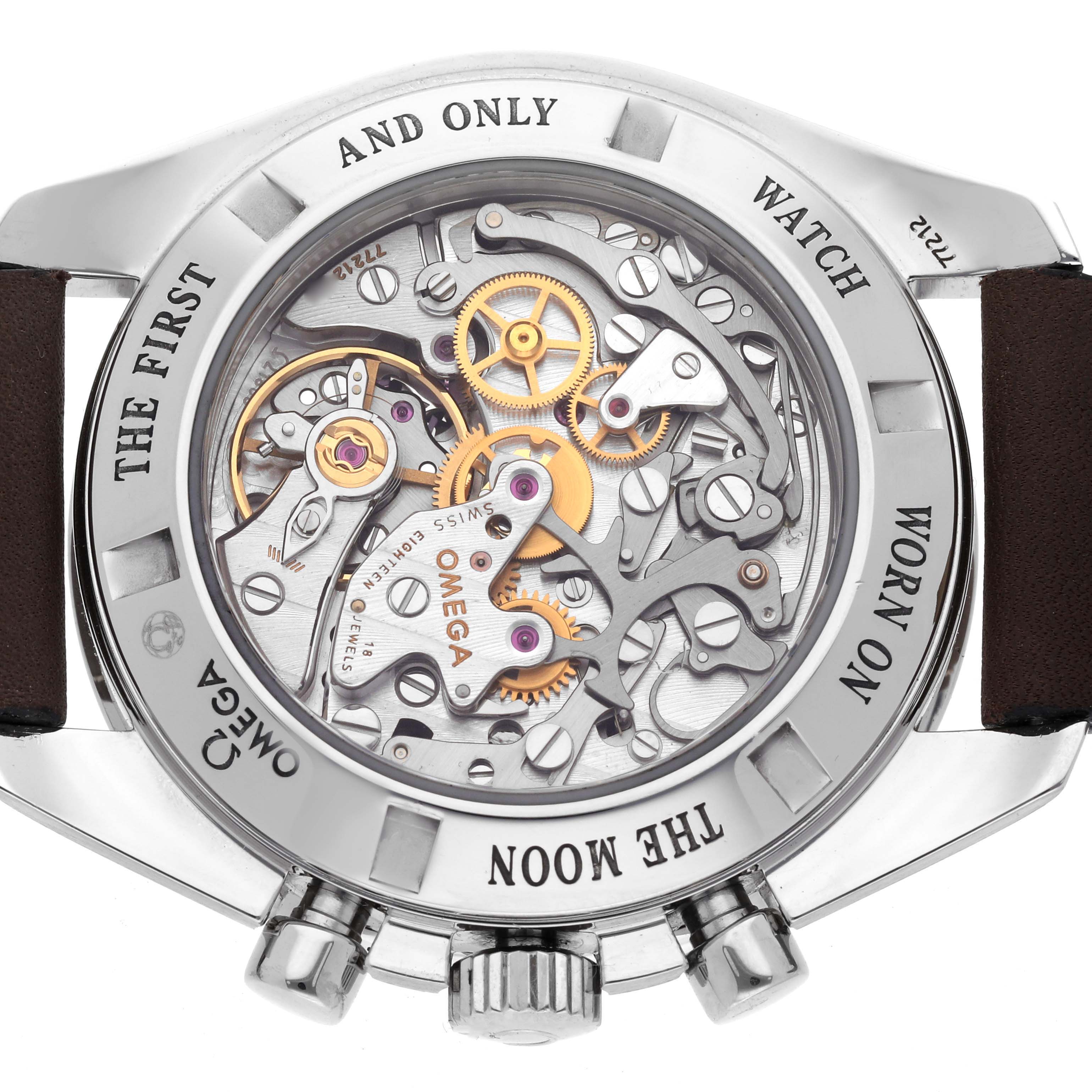 The image shows the Omega Speedmaster 311.30.42.30.13.001 Men's Stainless Steel Brown Dial 311.30.42.30.13.001 Men's Stainless Steel Brown Dial's case back, displaying its intricate mechanical movement.