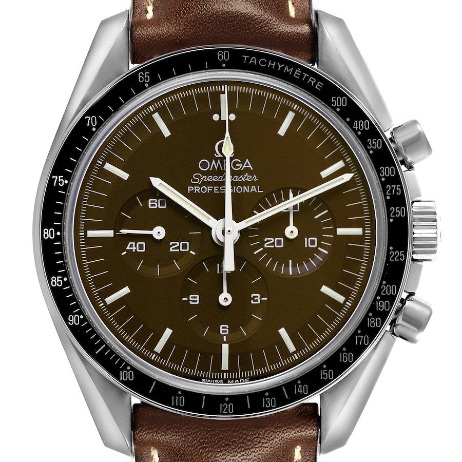 The Omega Speedmaster watch is shown from the front, highlighting the dial, bezel, and pushers.