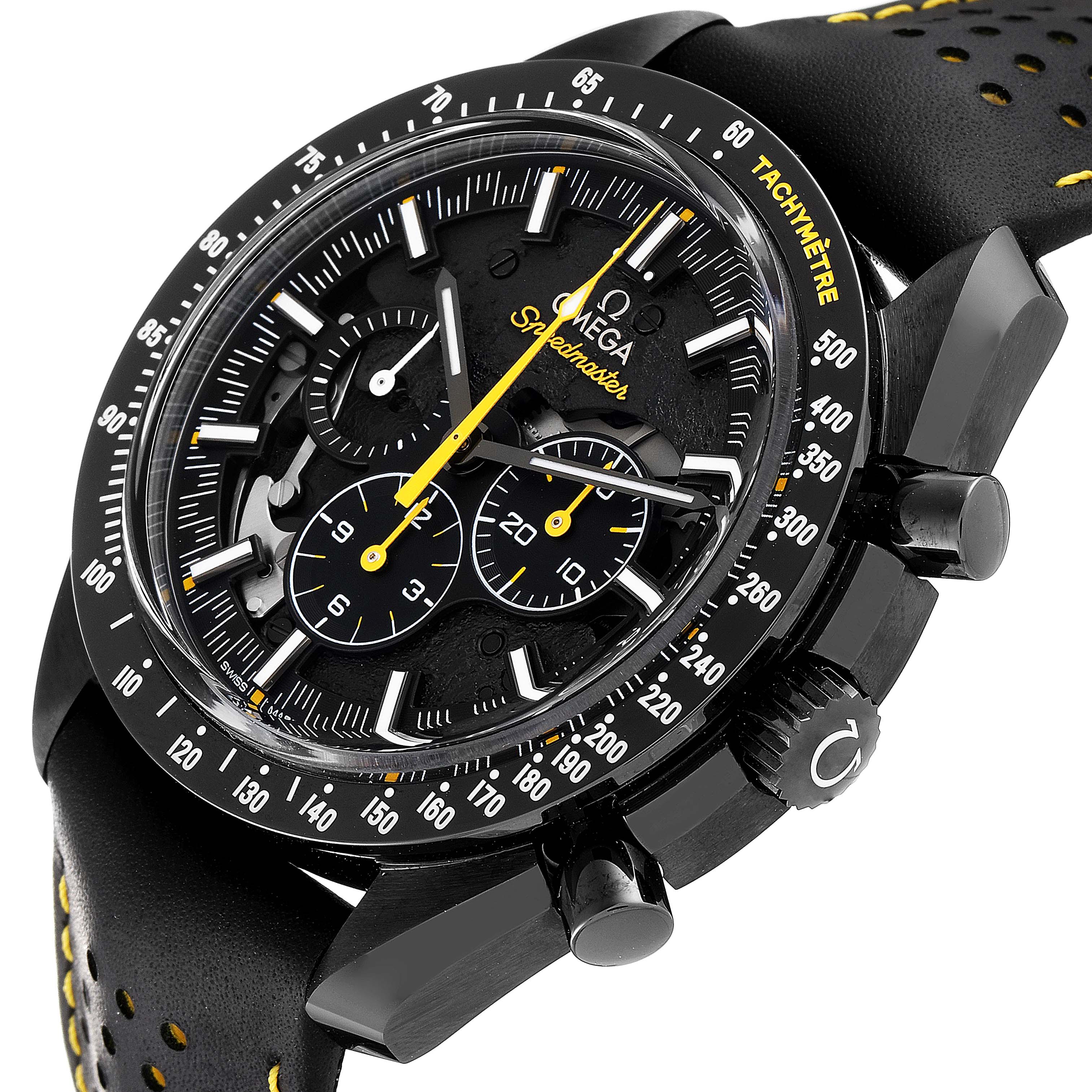 The image shows an angled view of the Omega Speedmaster 311.92.44.30.01.001 Men's Ceramic Black Dial 311.92.44.30.01.001 Men's Ceramic Black Dial watch featuring its dial, bezel, and pushers.