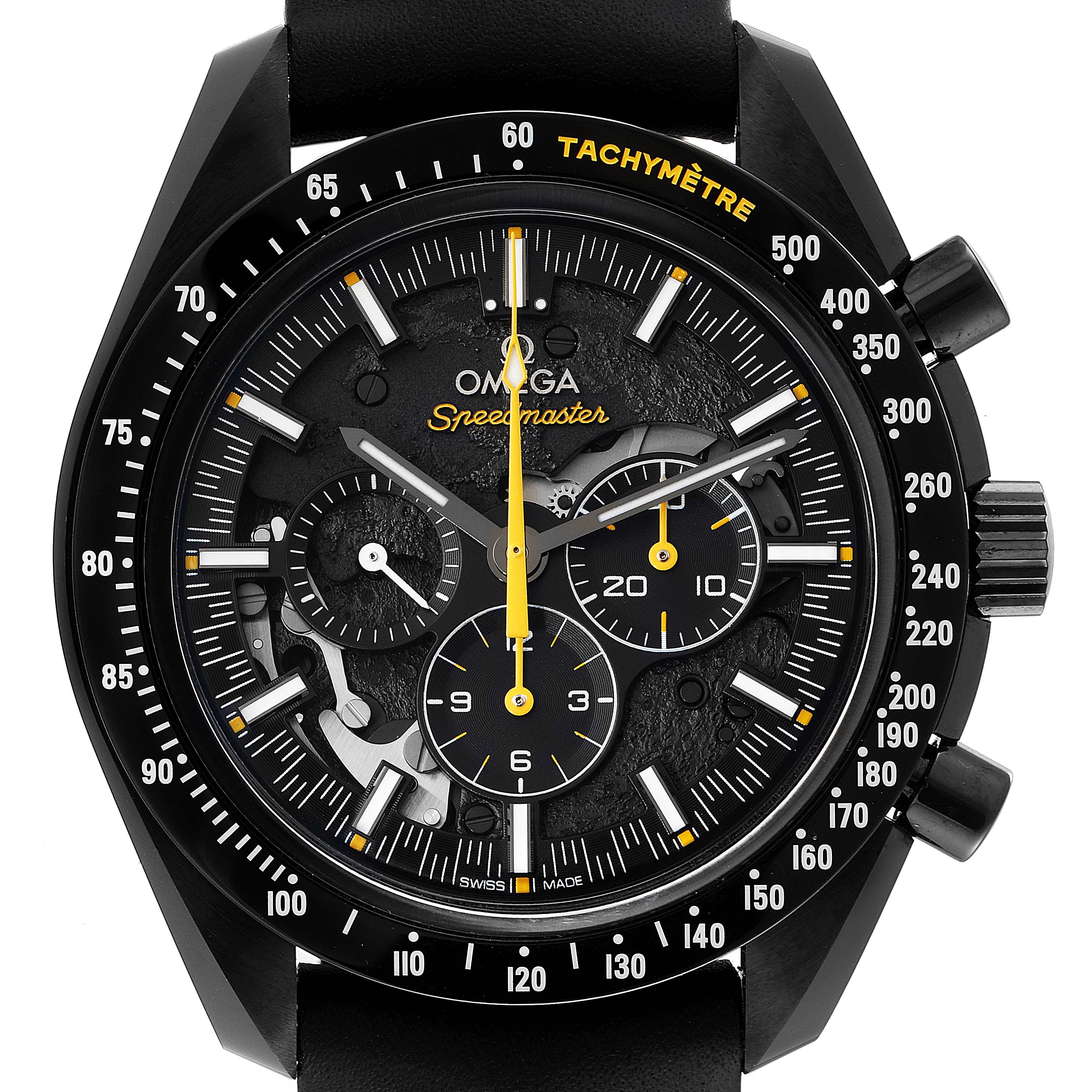 This image shows a front view of the Omega Speedmaster 311.92.44.30.01.001 Men's Ceramic Black Dial 311.92.44.30.01.001 Men's Ceramic Black Dial watch, displaying its tachymeter, subdials, and black leather strap.