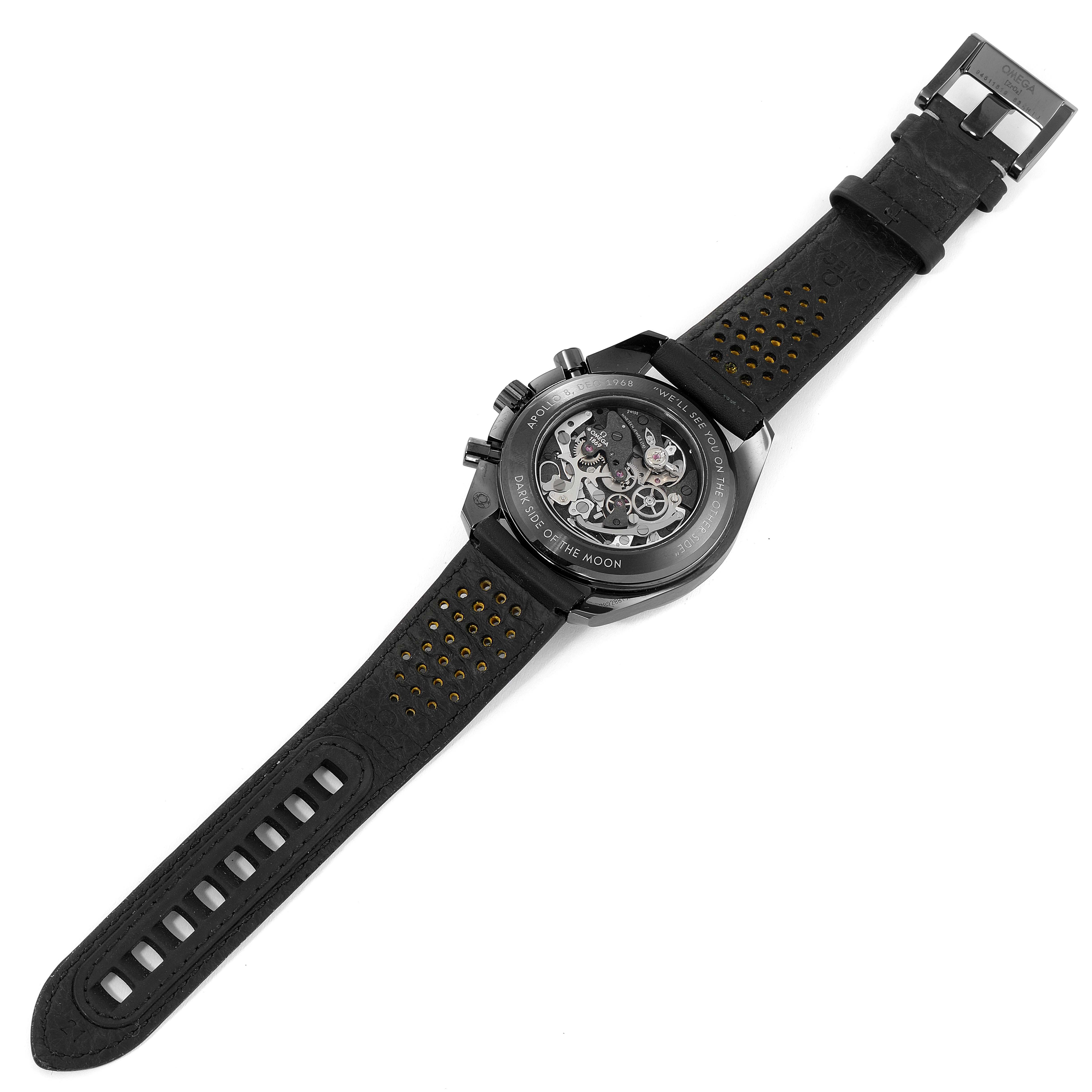 The image shows the back view of an Omega Speedmaster 311.92.44.30.01.001 Men's Ceramic Black Dial 311.92.44.30.01.001 Men's Ceramic Black Dial watch, highlighting its transparent case back and black strap.