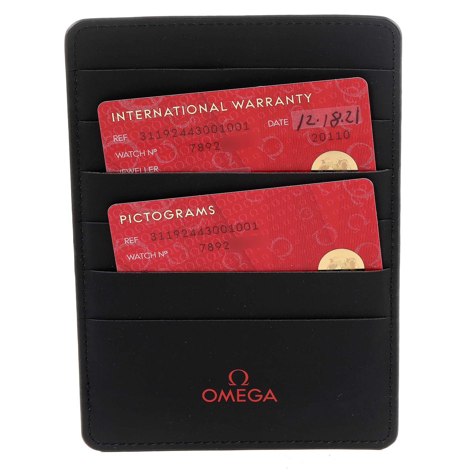 This image shows the international warranty and pictogram cards for the Omega Speedmaster 311.92.44.30.01.001 Men's Ceramic Black Dial 311.92.44.30.01.001 Men's Ceramic Black Dial model in a black cardholder.