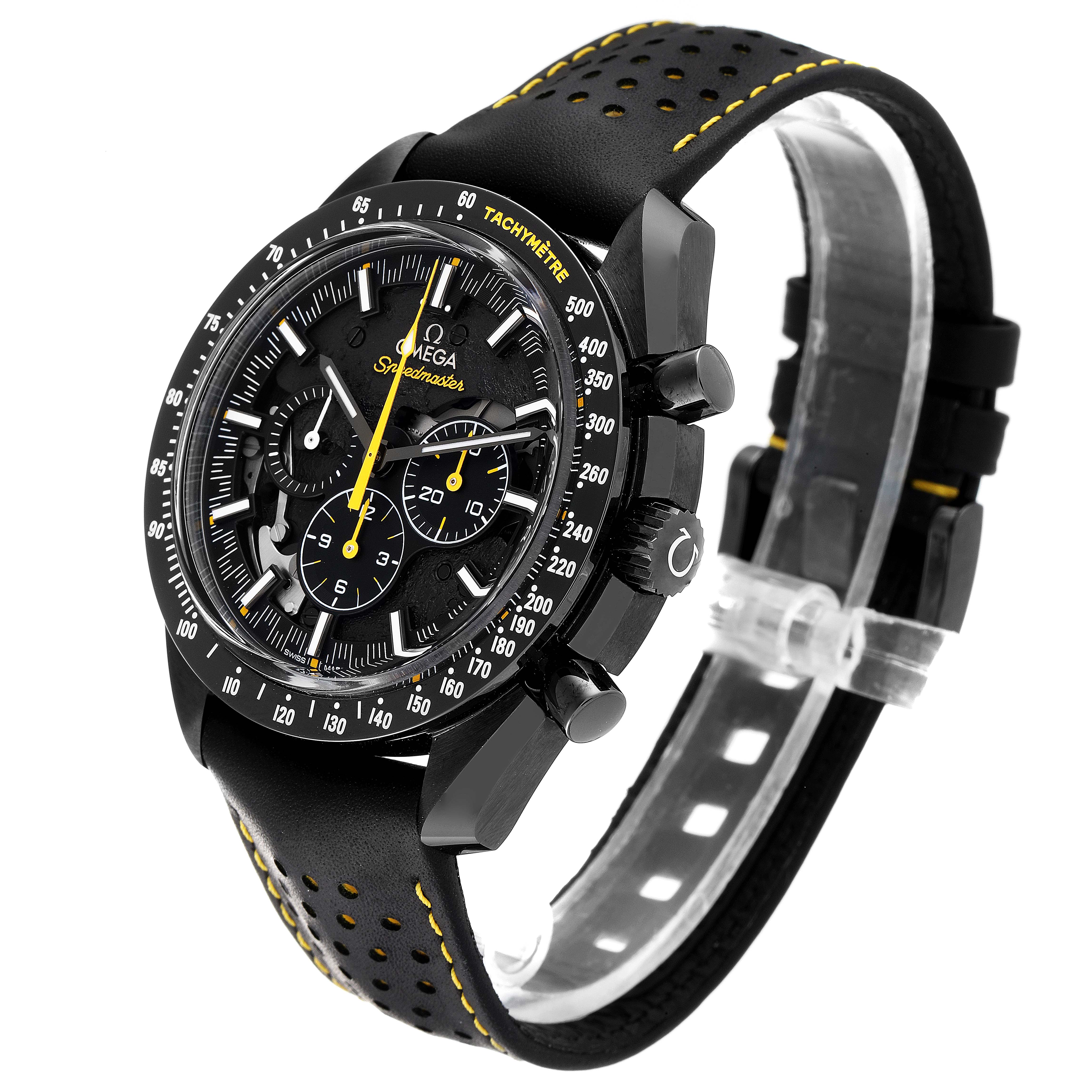 This image shows a three-quarter view of an Omega Speedmaster 311.92.44.30.01.001 Men's Ceramic Black Dial 311.92.44.30.01.001 Men's Ceramic Black Dial watch, highlighting its black bezel, dial, and perforated strap.