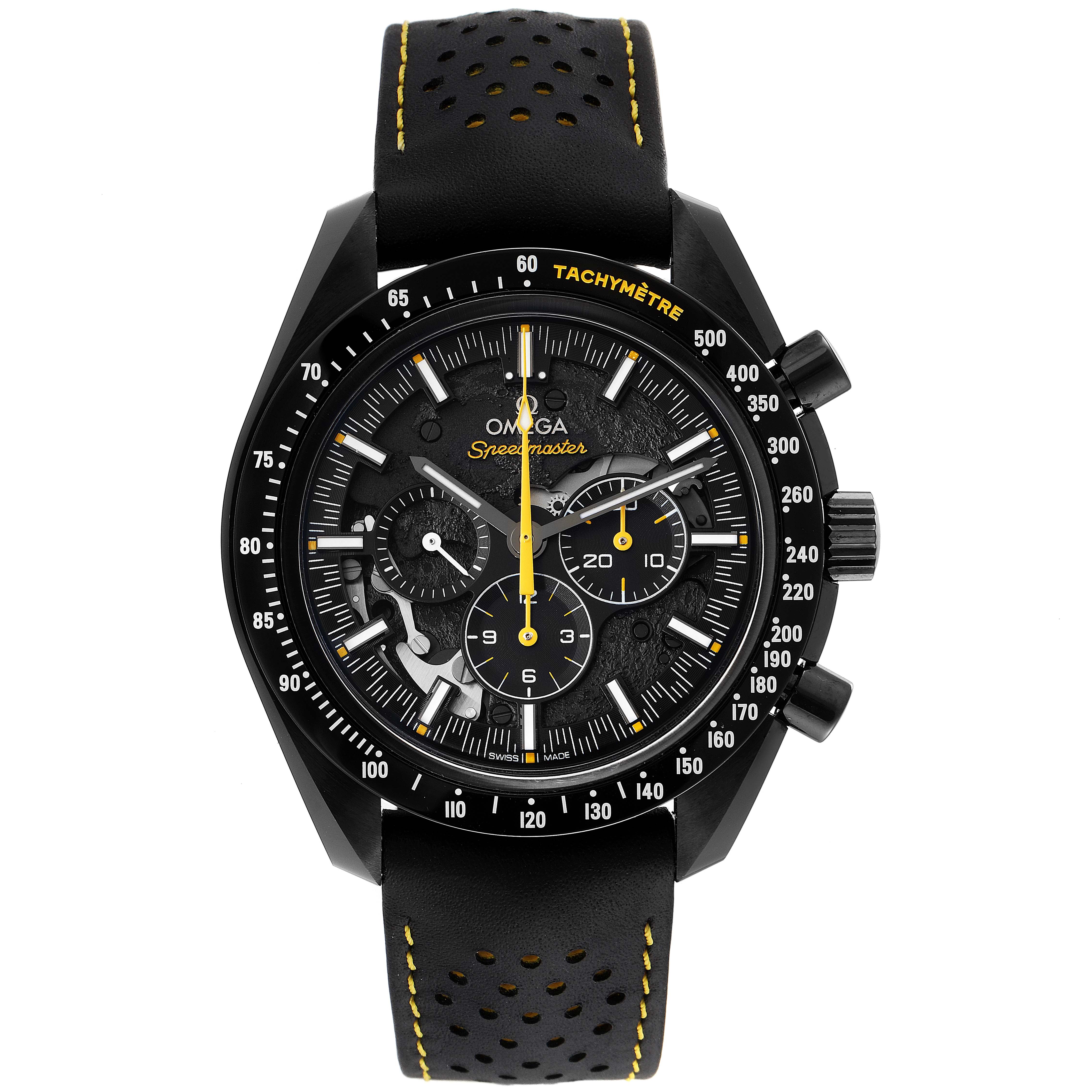 The Omega Speedmaster 311.92.44.30.01.001 Men's Ceramic Black Dial 311.92.44.30.01.001 Men's Ceramic Black Dial watch is shown from the front, displaying its face, bezel, hands, and strap.