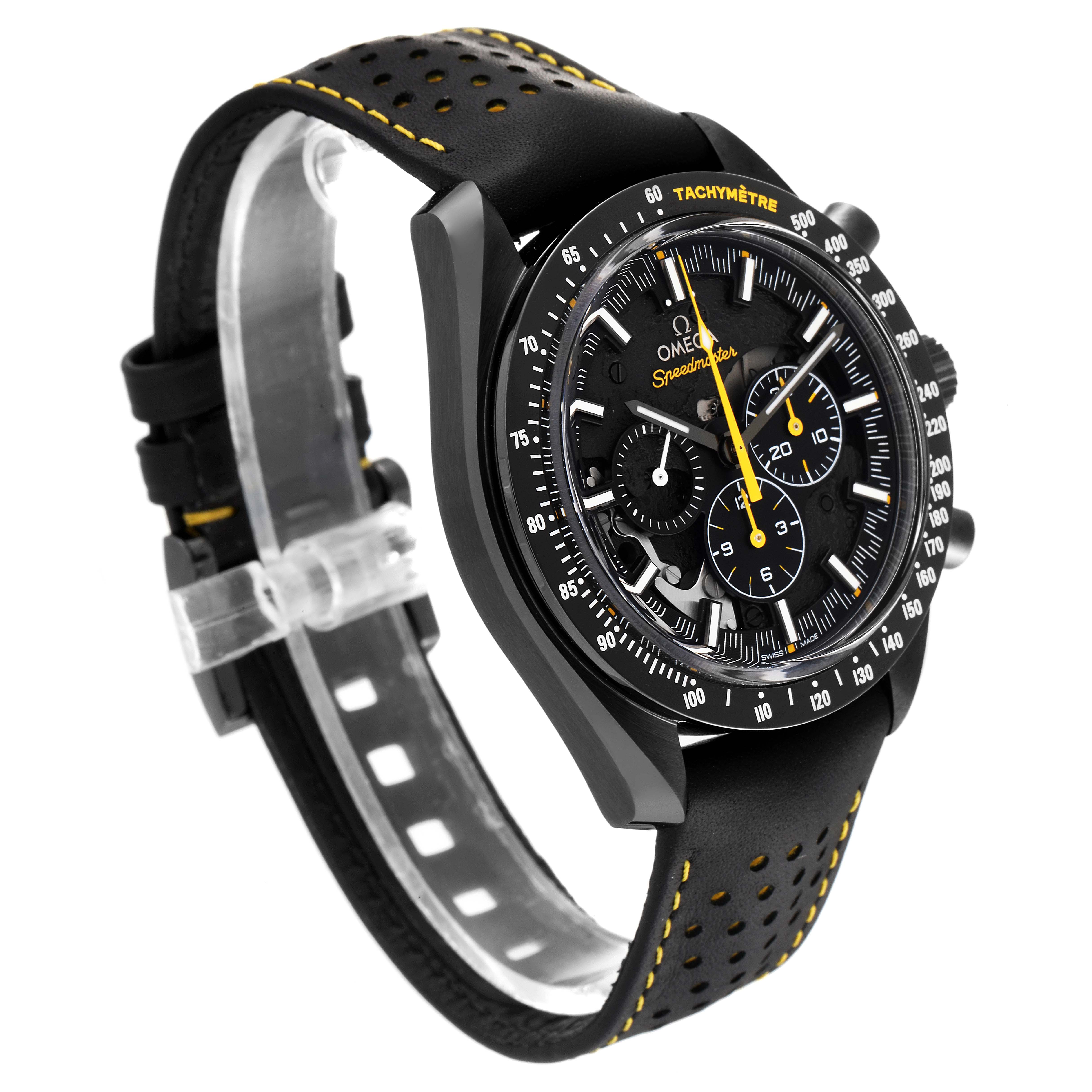 The image shows an angled view of the Omega Speedmaster 311.92.44.30.01.001 Men's Ceramic Black Dial 311.92.44.30.01.001 Men's Ceramic Black Dial watch, highlighting the bezel, dial, and perforated strap.