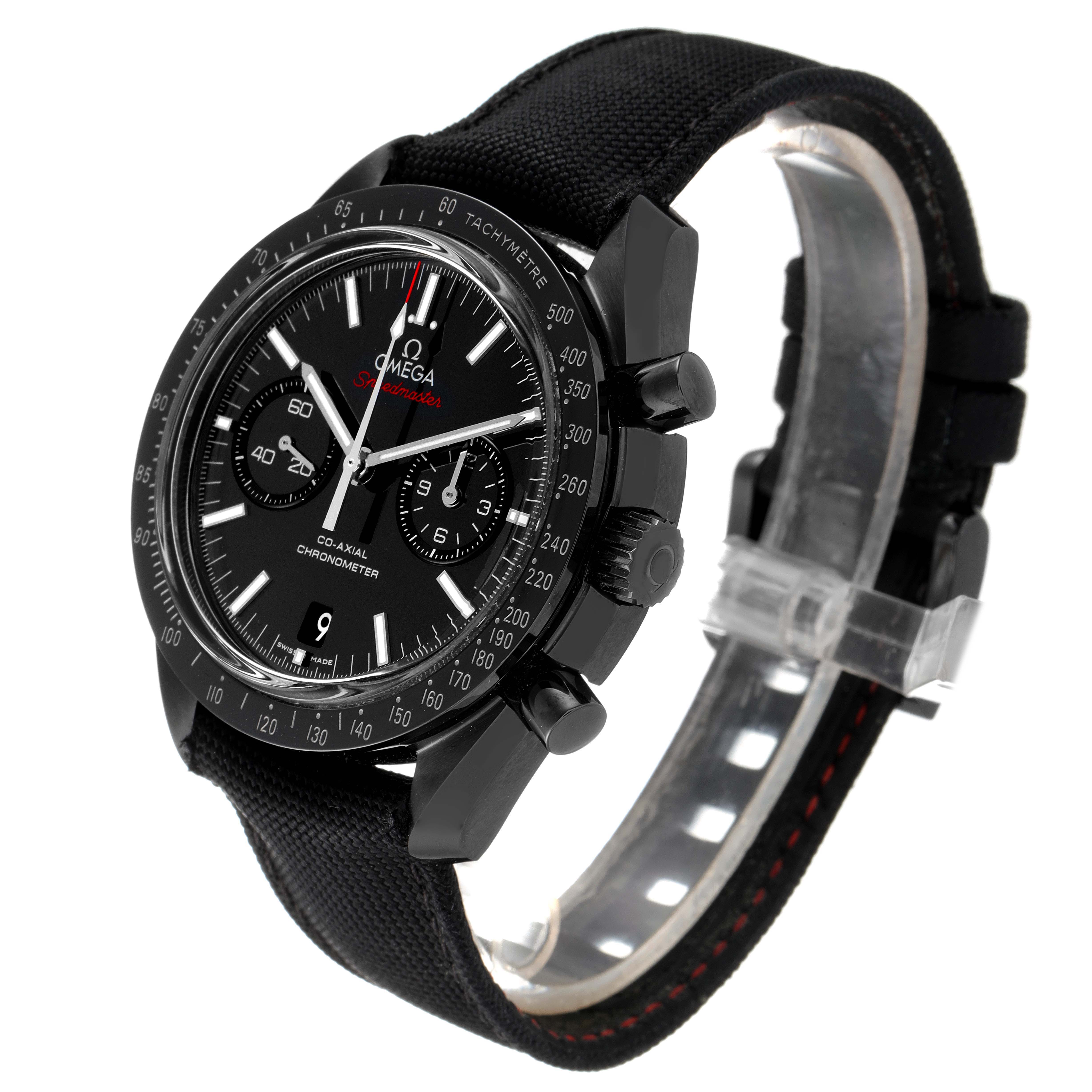 This image shows an Omega Speedmaster 311.92.44.51.01.003 Men
s Stainless Steel Black Dial 311.92.44.51.01.003 Men
s Stainless Steel Black Dial watch at a three-quarter angle displaying its face, case, strap, and tachymeter bezel.