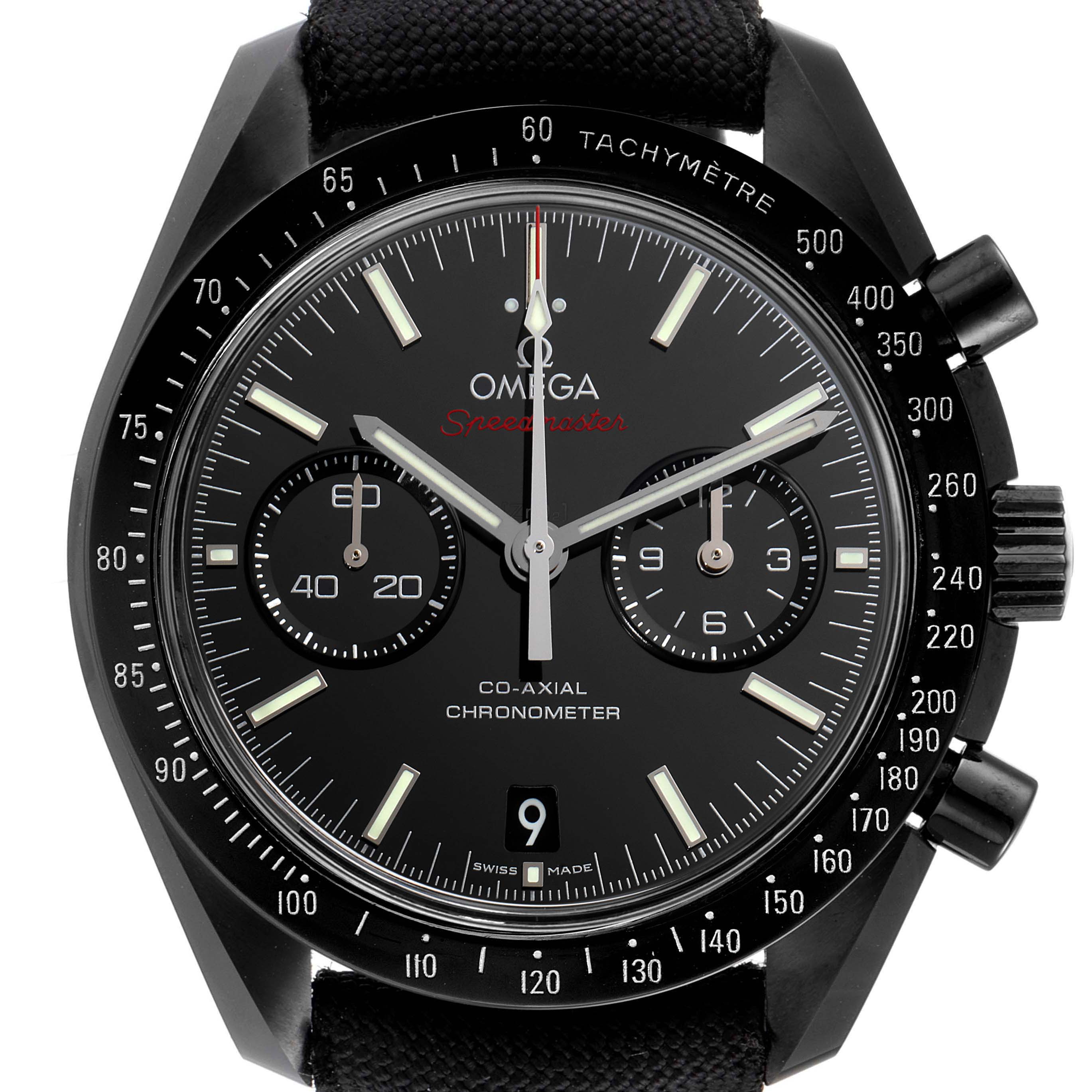 This image shows a front view of the Omega Speedmaster 311.92.44.51.01.003 Men
s Stainless Steel Black Dial 311.92.44.51.01.003 Men
s Stainless Steel Black Dial watch, displaying its dial, hands, chronograph sub-dials, and tachymeter bezel.