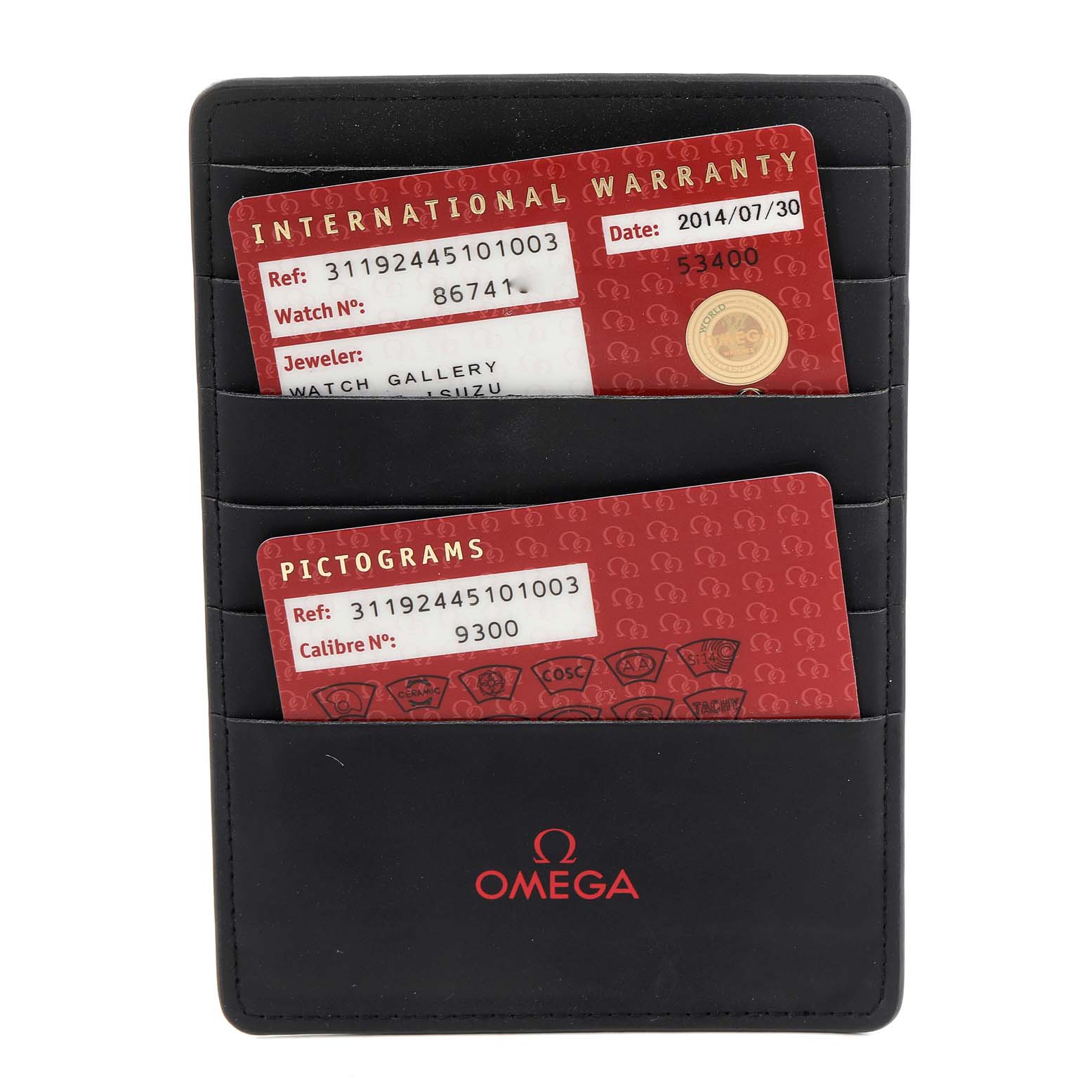 The image shows a cardholder with Omega branding containing warranty and pictogram cards for an Omega Speedmaster 311.92.44.51.01.003 Men
s Stainless Steel Black Dial 311.92.44.51.01.003 Men
s Stainless Steel Black Dial watch.