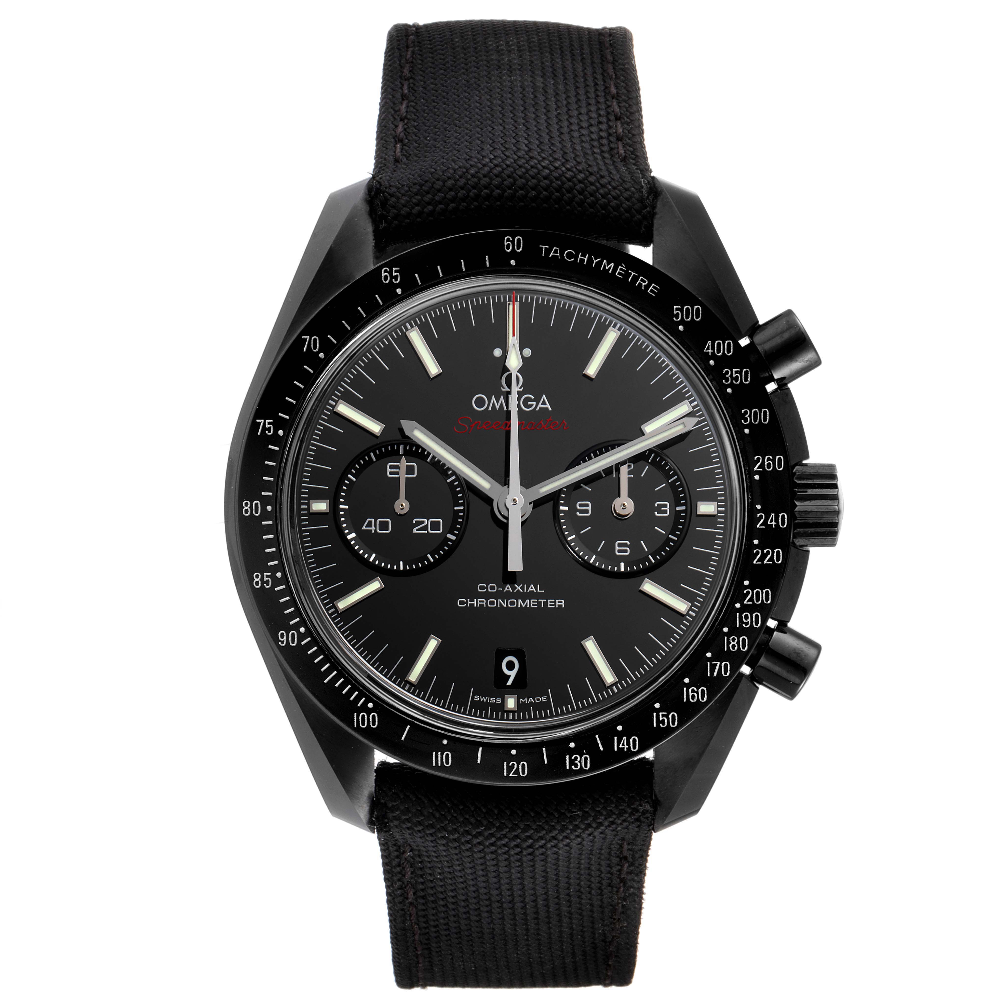 The Omega Speedmaster 311.92.44.51.01.003 Men
s Stainless Steel Black Dial 311.92.44.51.01.003 Men
s Stainless Steel Black Dial watch is shown from the front, highlighting its black dial, chronograph subdials, and tachymeter bezel.