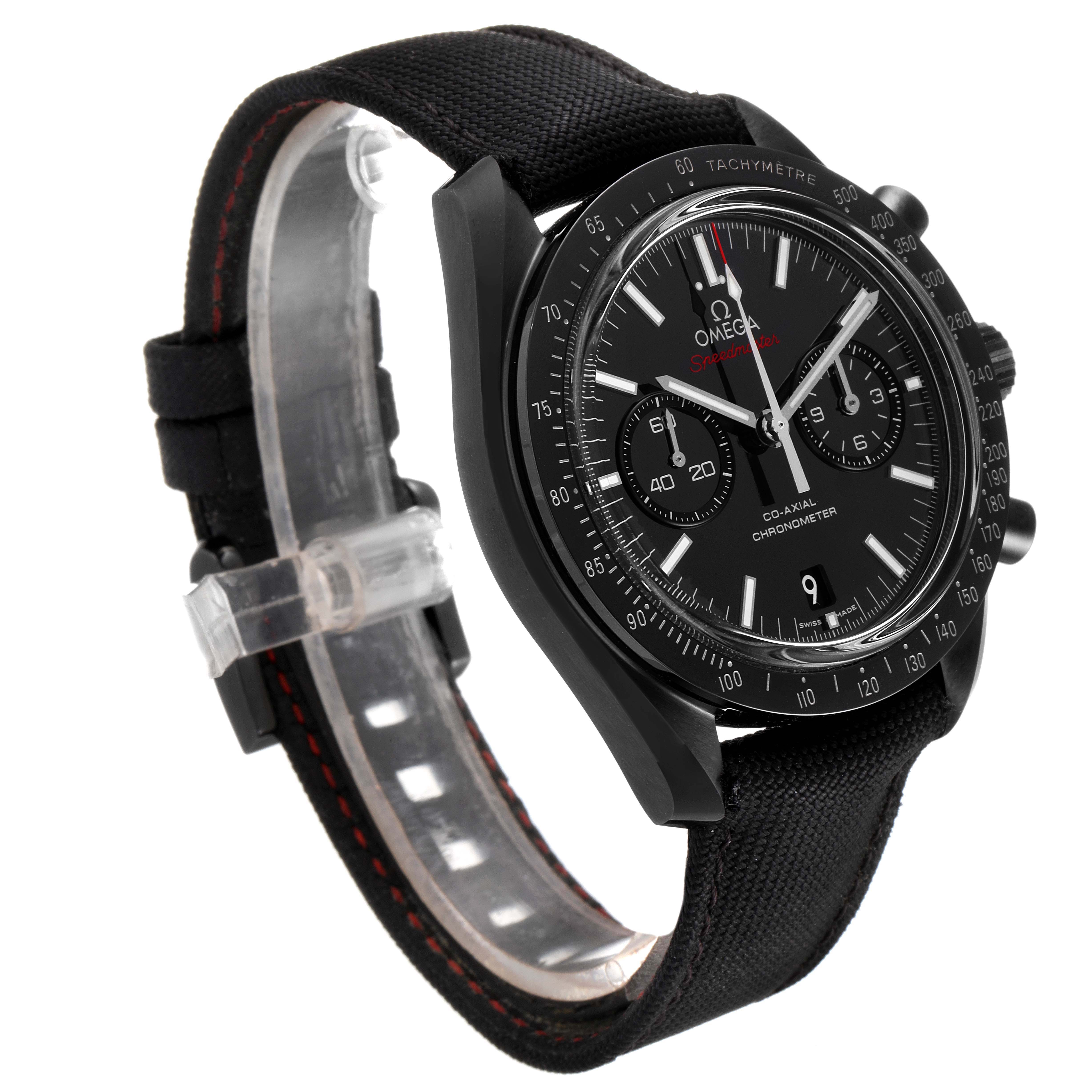 This image shows an angled side view of the Omega Speedmaster 311.92.44.51.01.003 Men
s Stainless Steel Black Dial 311.92.44.51.01.003 Men
s Stainless Steel Black Dial watch, highlighting the face, dials, and strap.