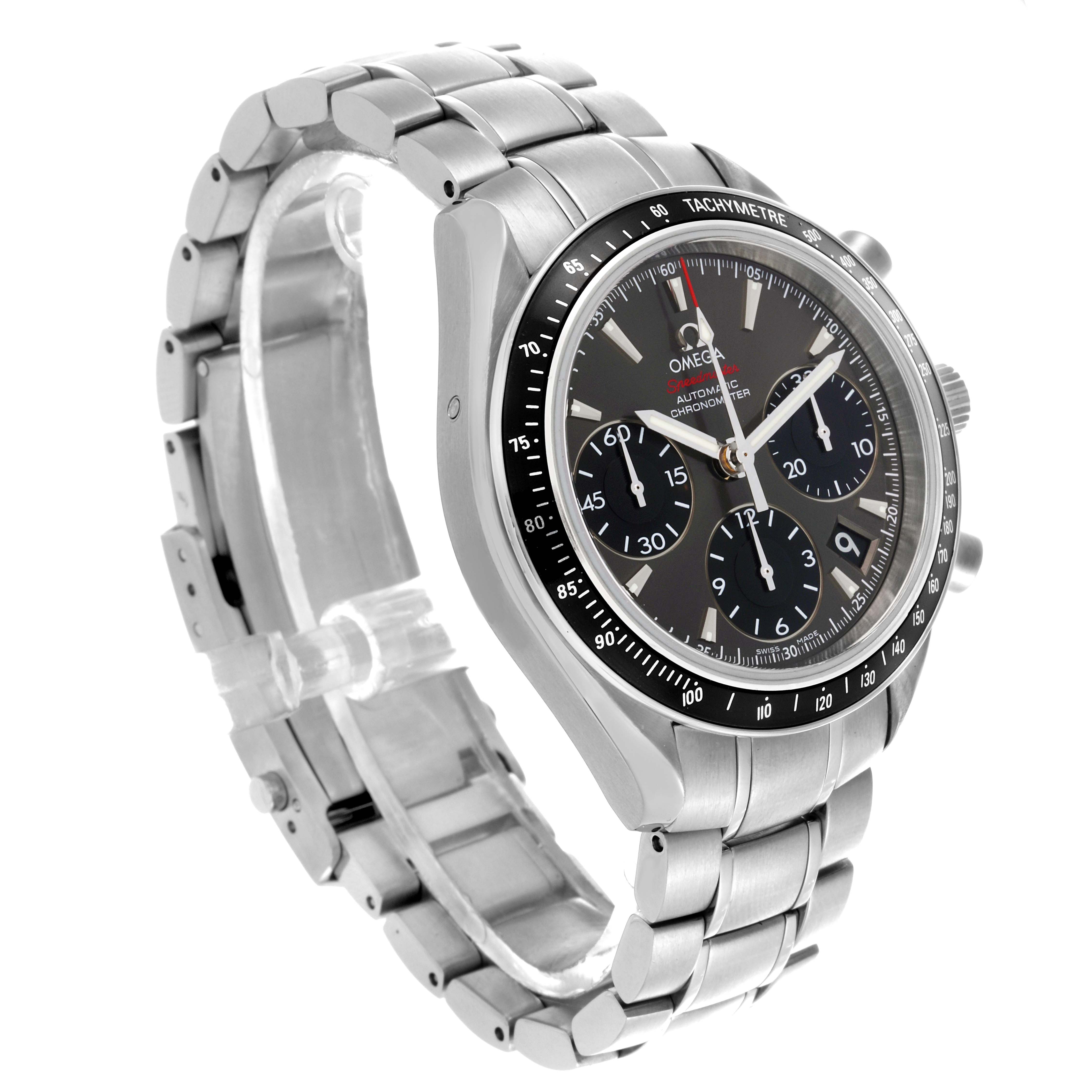 The image shows an Omega Speedmaster 323.30.40.40.06.001 Men's Stainless Steel Grey Dial 323.30.40.40.06.001 Men's Stainless Steel Grey Dial watch from a three-quarter angle, displaying its face, bezel, and metal bracelet.