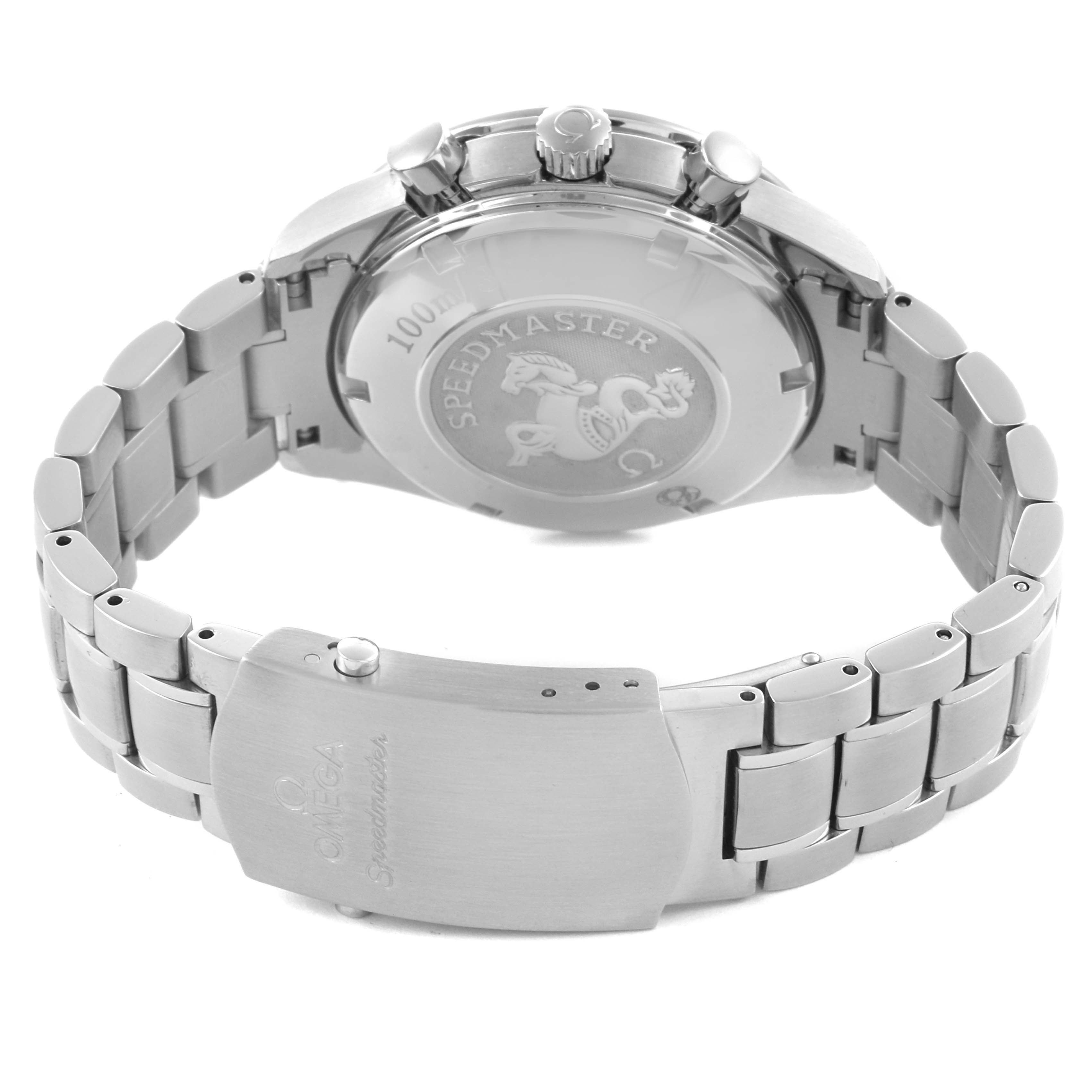 The Omega Speedmaster 323.30.40.40.06.001 Men's Stainless Steel Grey Dial 323.30.40.40.06.001 Men's Stainless Steel Grey Dial is shown from the back, featuring the case back and bracelet clasp.