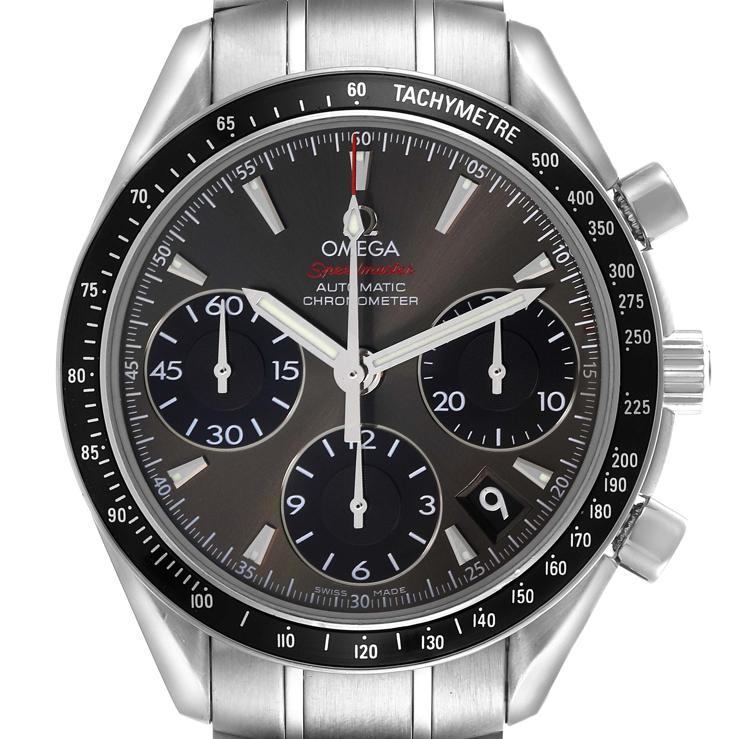 The Omega Speedmaster 323.30.40.40.06.001 Men's Stainless Steel Grey Dial 323.30.40.40.06.001 Men's Stainless Steel Grey Dial watch is shown from a front angle, highlighting the dial, tachymetric bezel, and side buttons.