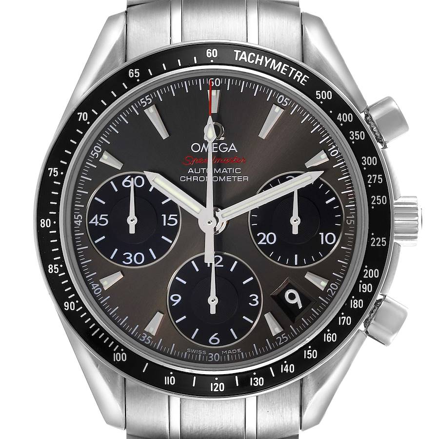 The Omega Speedmaster watch is shown from a front angle, highlighting the dial, tachymetric bezel, and side buttons.