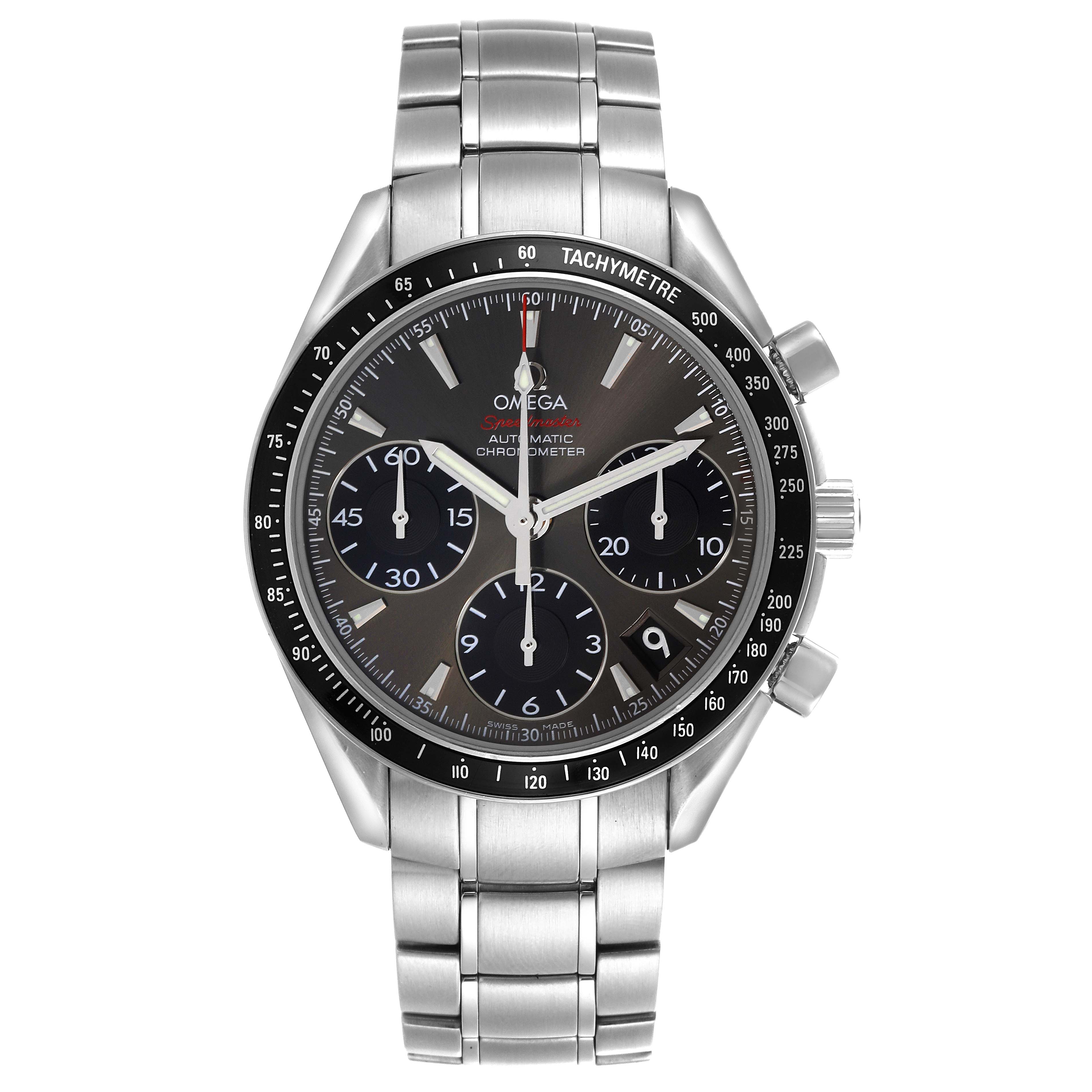 The Omega Speedmaster 323.30.40.40.06.001 Men's Stainless Steel Grey Dial 323.30.40.40.06.001 Men's Stainless Steel Grey Dial watch is shown from the front, displaying the face, tachymetric scale, and stainless steel bracelet.