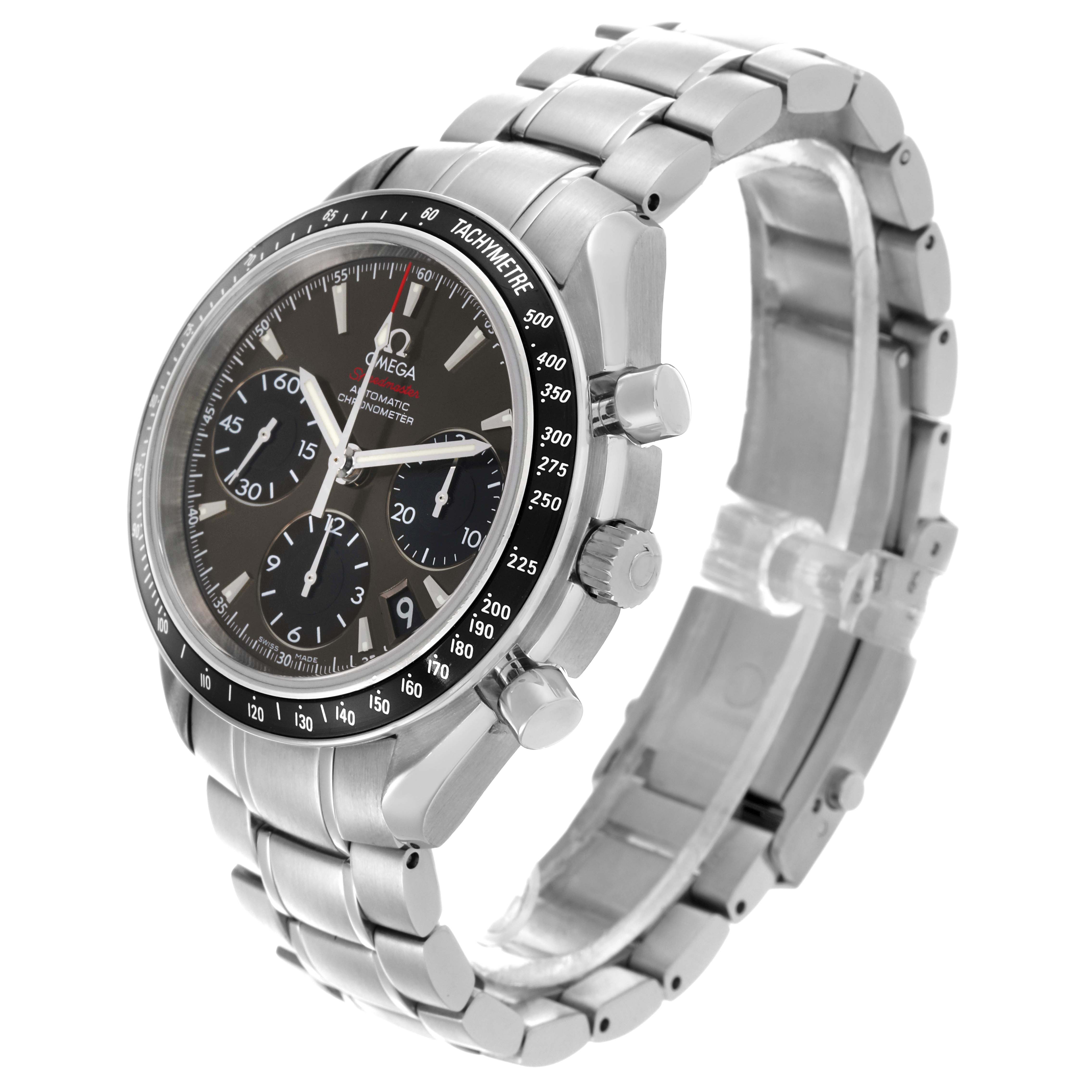 The Omega Speedmaster 323.30.40.40.06.001 Men's Stainless Steel Grey Dial 323.30.40.40.06.001 Men's Stainless Steel Grey Dial watch is shown at a three-quarter angle, highlighting the face, bezel, crown, and stainless steel bracelet.