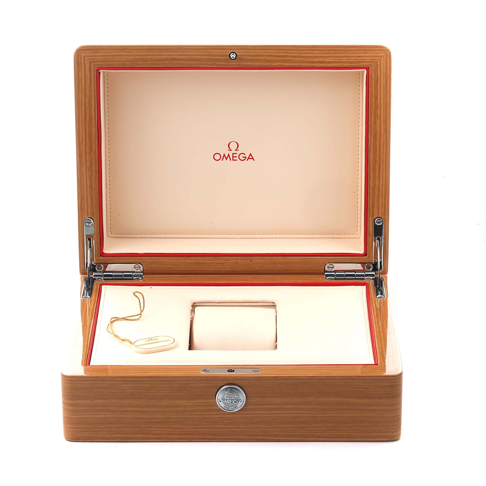 The image shows an open Omega Speedmaster 323.30.40.40.06.001 Men's Stainless Steel Grey Dial 323.30.40.40.06.001 Men's Stainless Steel Grey Dial watch box from the front, displaying its interior and logo.