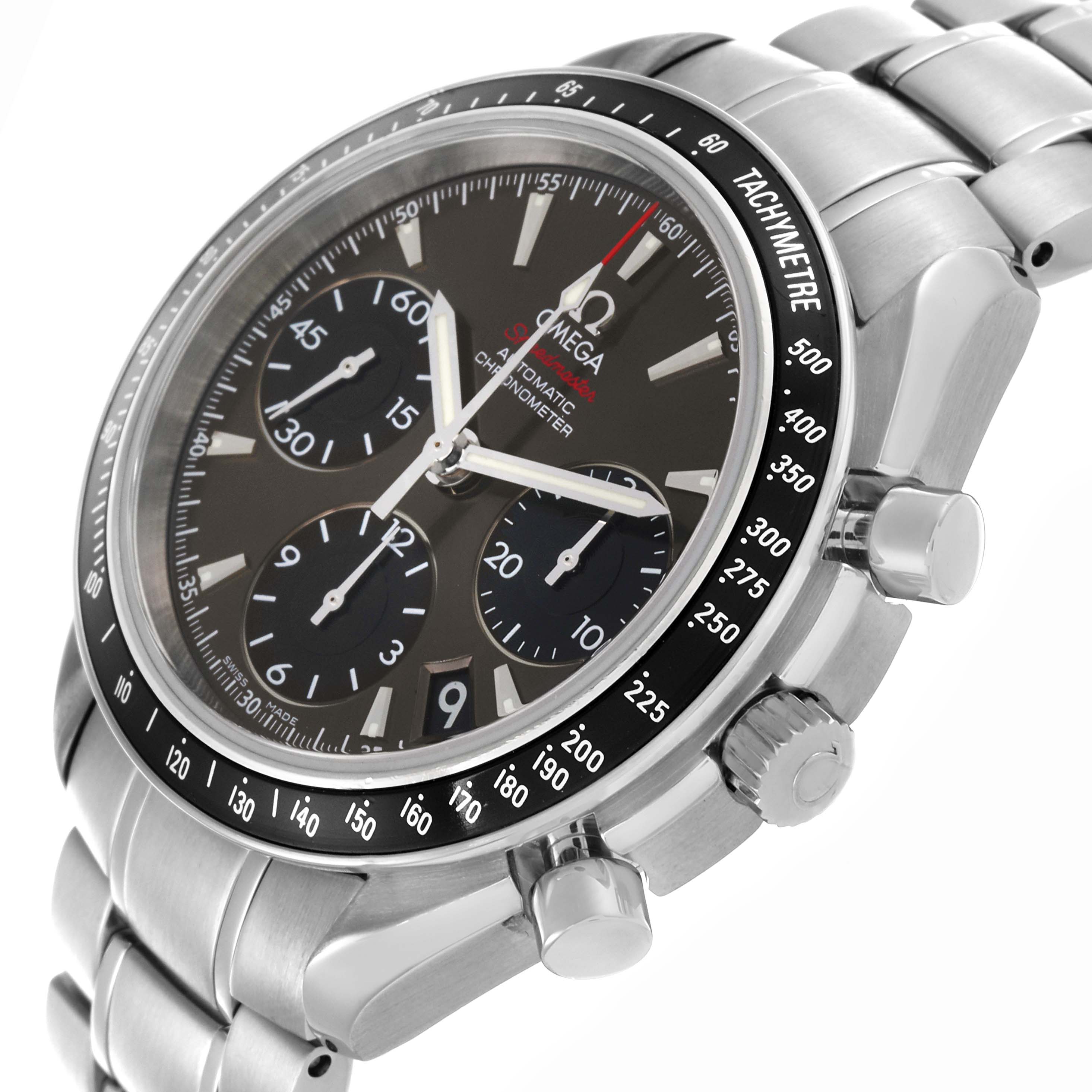 The Omega Speedmaster 323.30.40.40.06.001 Men's Stainless Steel Grey Dial 323.30.40.40.06.001 Men's Stainless Steel Grey Dial watch is shown at a three-quarter angle, highlighting the tachymeter bezel, chronograph subdials, crown, and pushers.