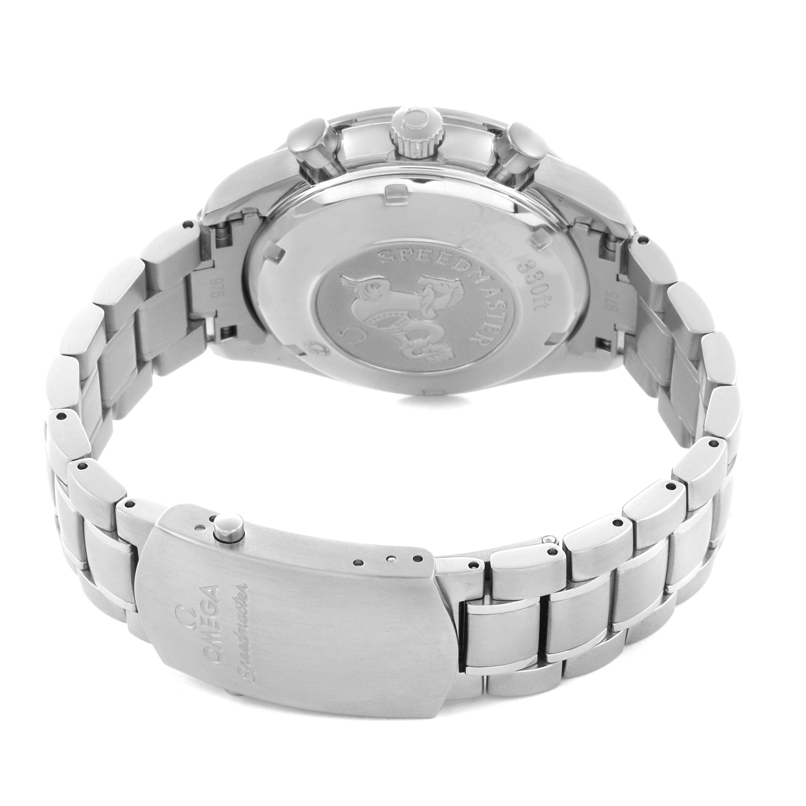 The image shows the Omega Speedmaster 3211.31.00 Men
s Stainless Steel Silver Dial 3211.31.00 Men
s Stainless Steel Silver Dial watch from the back, highlighting the case back, bracelet, and clasp.