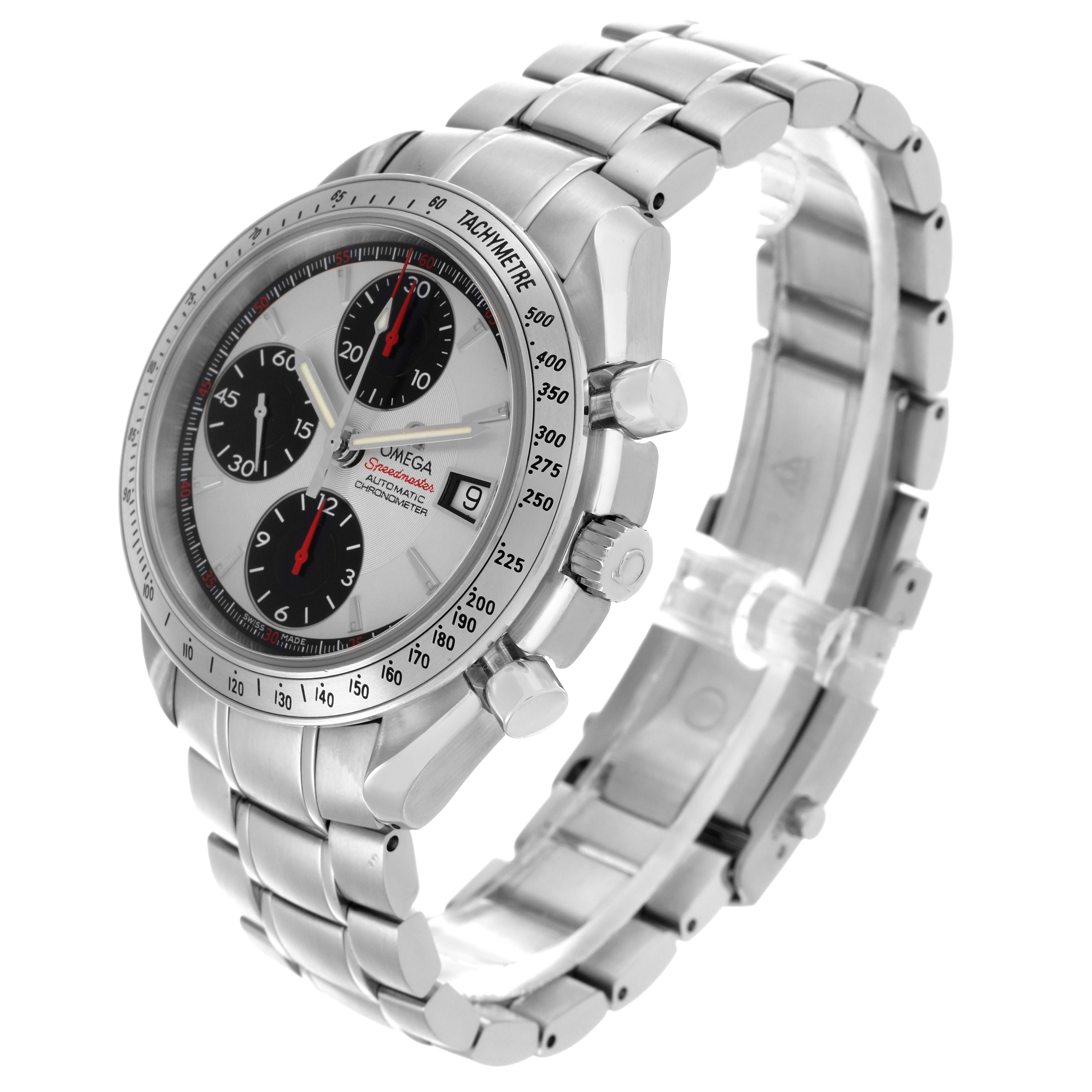 The Omega Speedmaster 3211.31.00 Men
s Stainless Steel Silver Dial 3211.31.00 Men
s Stainless Steel Silver Dial is shown at a three-quarter angle displaying the face, bezel, crown, pushers, and bracelet.