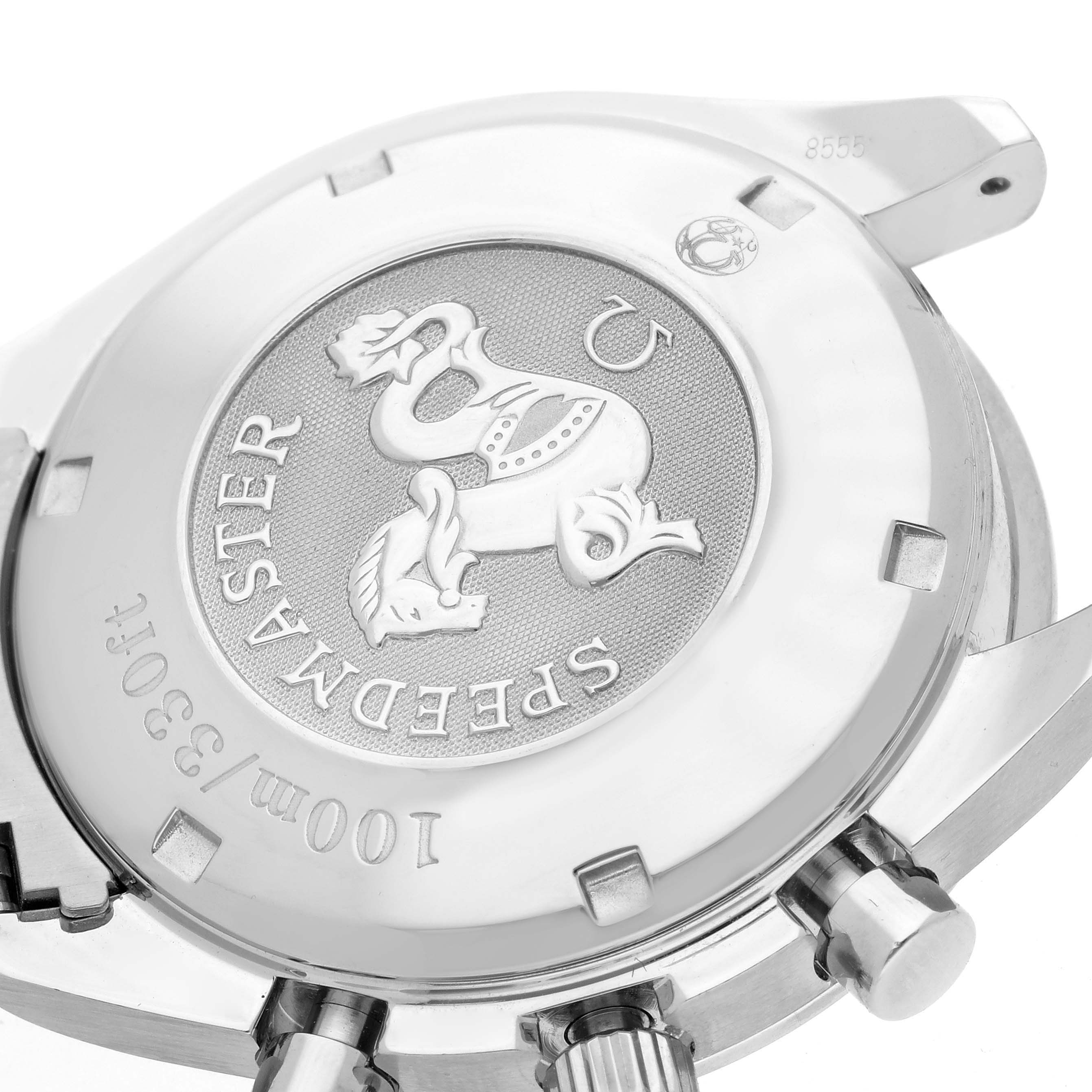 The image shows the back of an Omega Speedmaster 3211.31.00 Men
s Stainless Steel Silver Dial 3211.31.00 Men
s Stainless Steel Silver Dial watch, featuring the engraved case back and part of the crown and pushers.