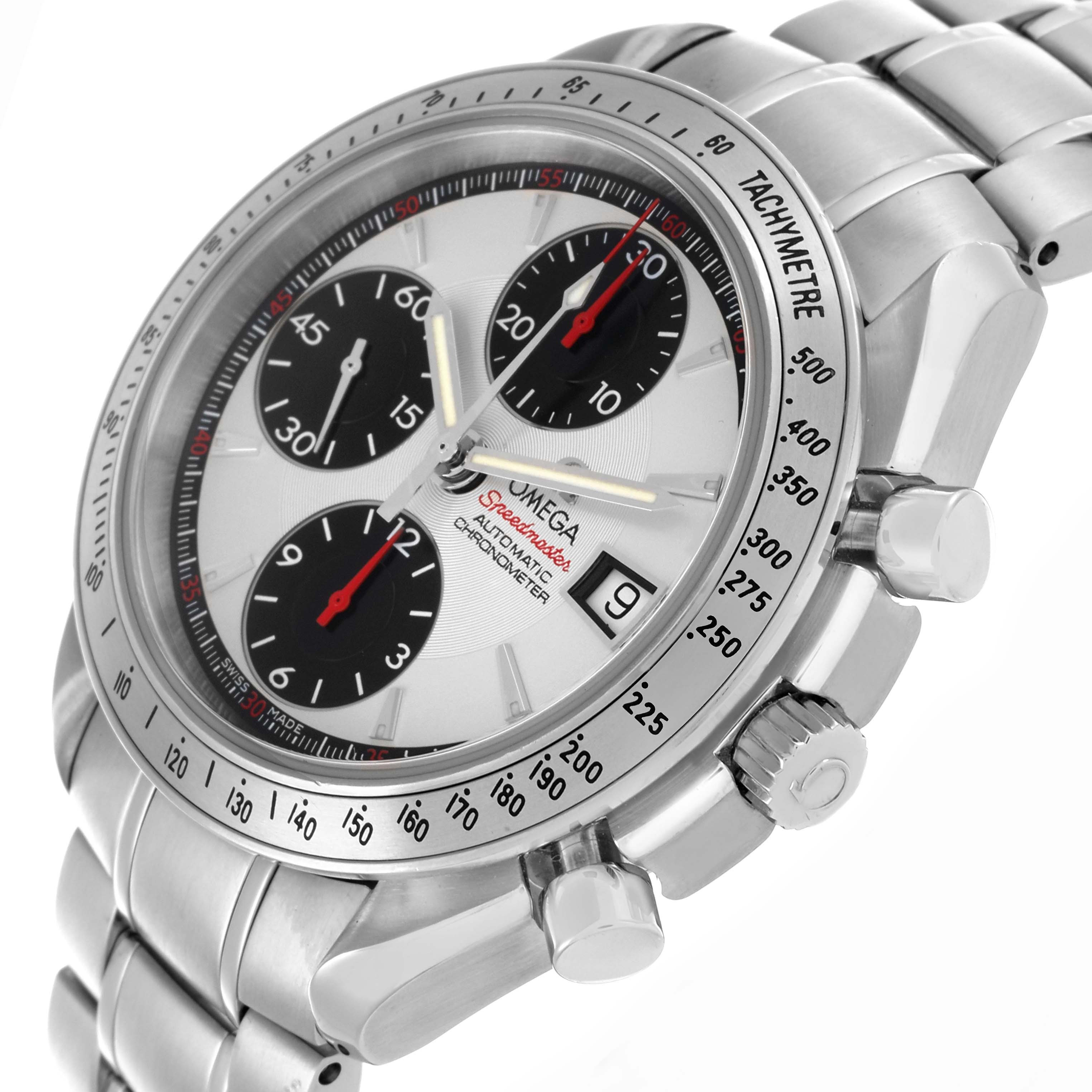 The Omega Speedmaster 3211.31.00 Men
s Stainless Steel Silver Dial 3211.31.00 Men
s Stainless Steel Silver Dial watch is shown at a diagonal angle, highlighting the face, sub-dials, tachymeter bezel, and bracelet.