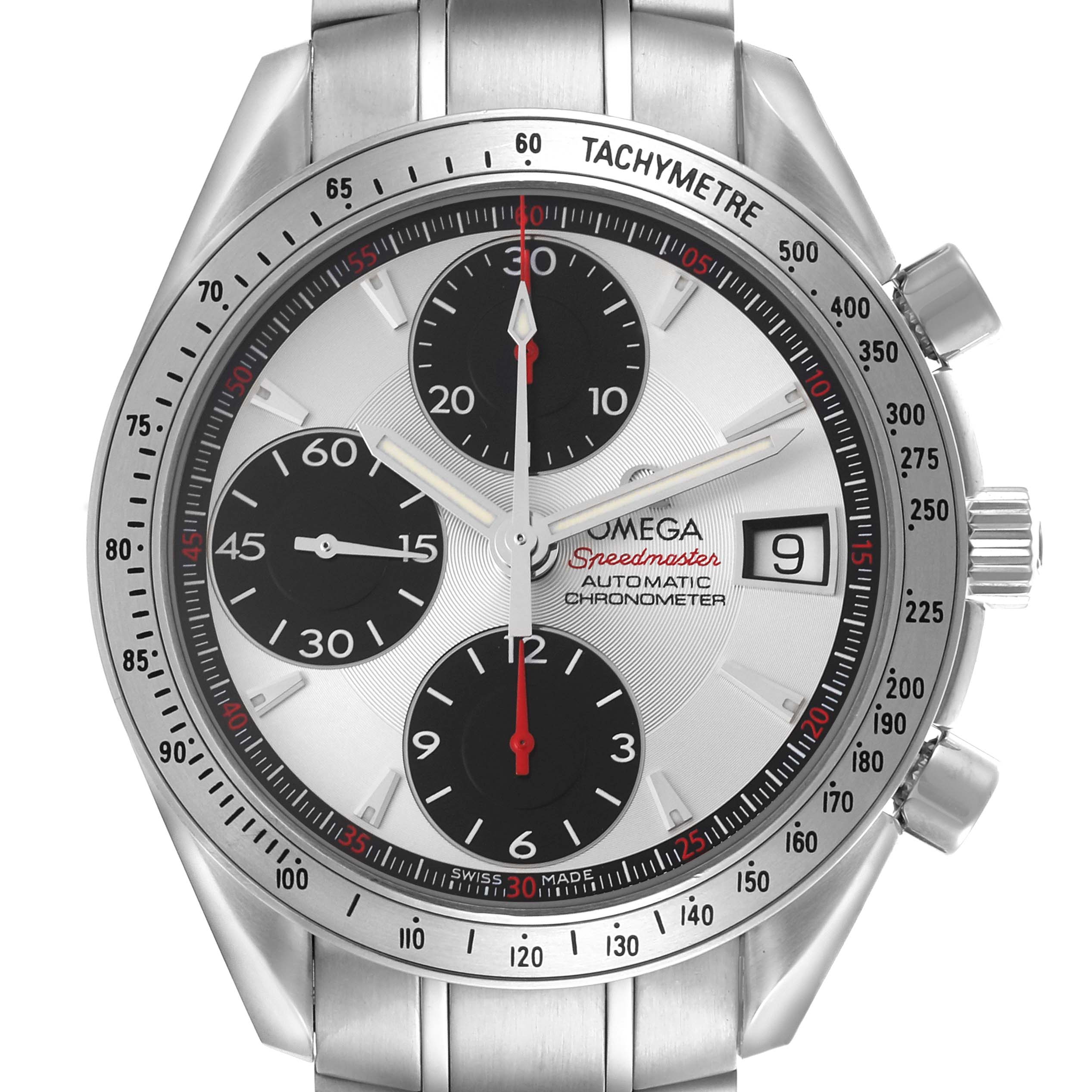 The Omega Speedmaster 3211.31.00 Men
s Stainless Steel Silver Dial 3211.31.00 Men
s Stainless Steel Silver Dial watch is shown from a front angle, displaying its face, bezel, subdials, and part of the bracelet.