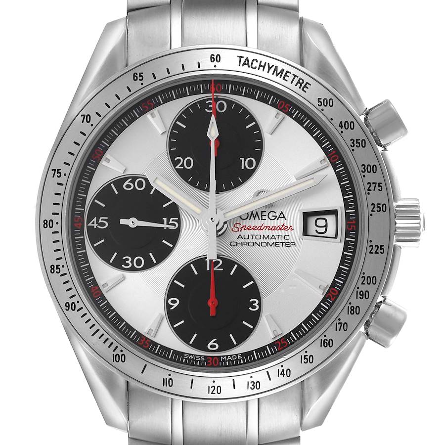 The Omega Speedmaster watch is shown from a front angle, displaying its face, bezel, subdials, and part of the bracelet.