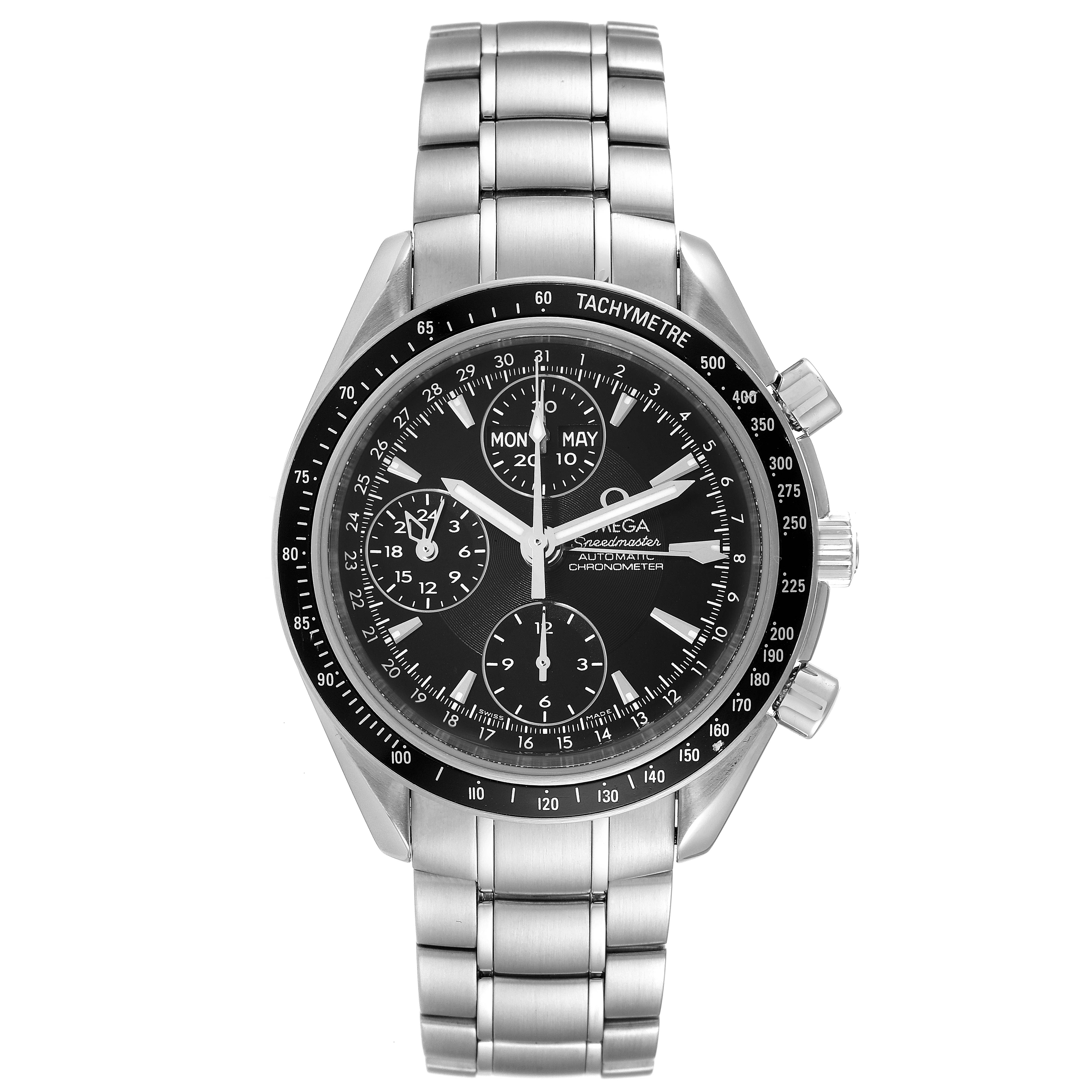 The Omega Speedmaster 3220.50.00 Men
s Stainless Steel Black Dial 3220.50.00 Men
s Stainless Steel Black Dial watch is shown from a front angle displaying the face, bezel, and stainless steel band.