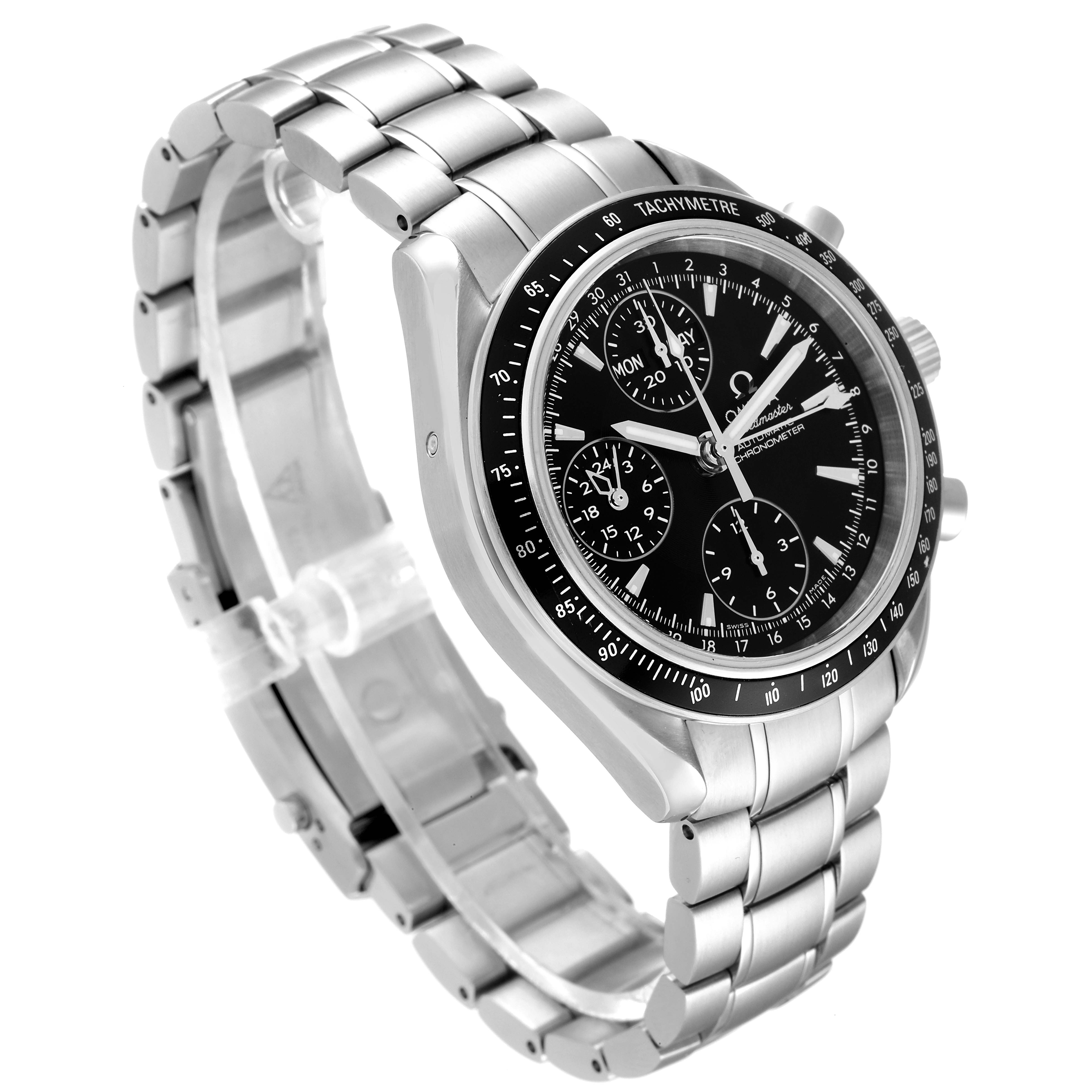 The Omega Speedmaster 3220.50.00 Men
s Stainless Steel Black Dial 3220.50.00 Men
s Stainless Steel Black Dial watch is shown at an angle displaying the dial, tachymeter bezel, and stainless steel bracelet.
