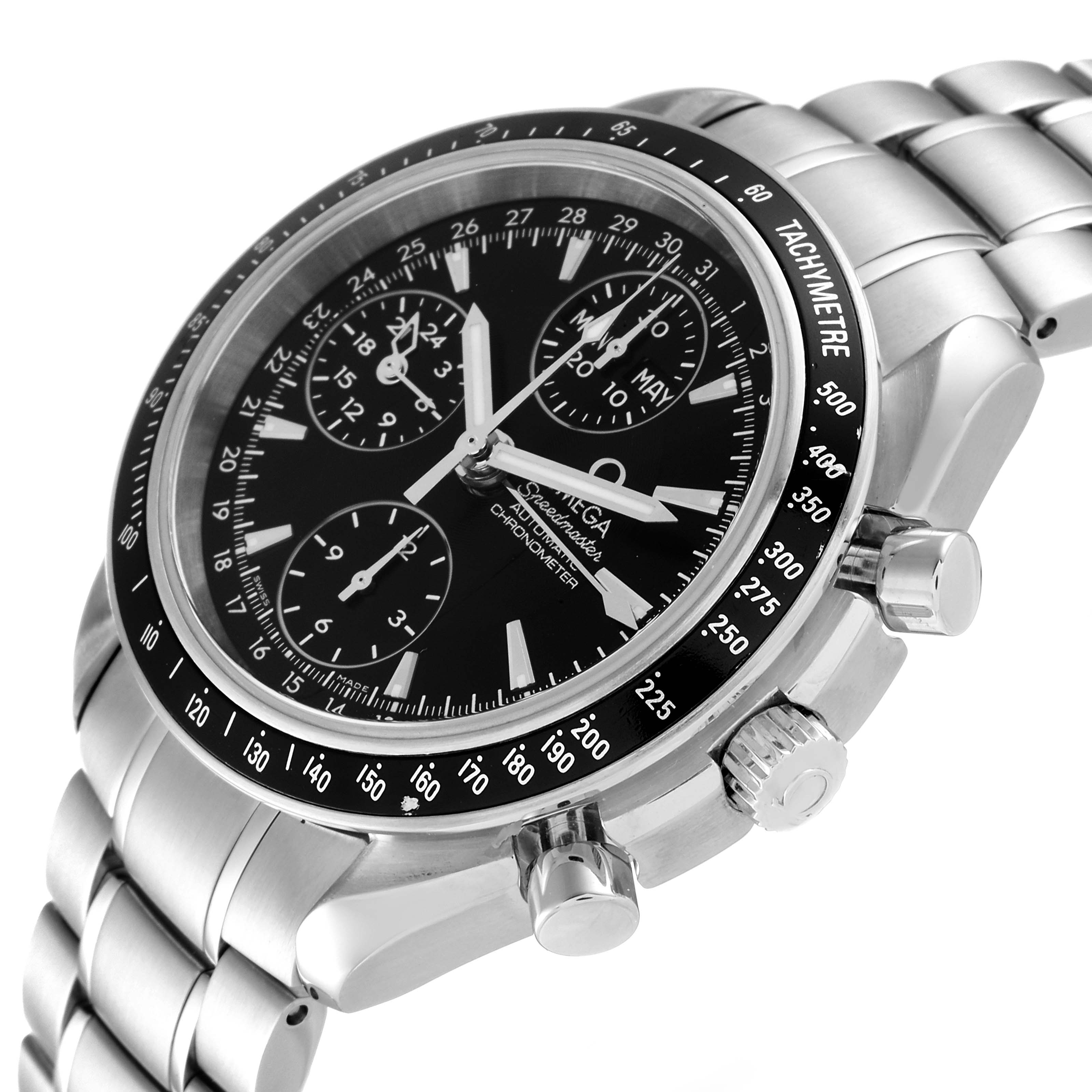 The image shows an angled view of an Omega Speedmaster 3220.50.00 Men
s Stainless Steel Black Dial 3220.50.00 Men
s Stainless Steel Black Dial watch, highlighting the dial, tachymeter bezel, and pushers.