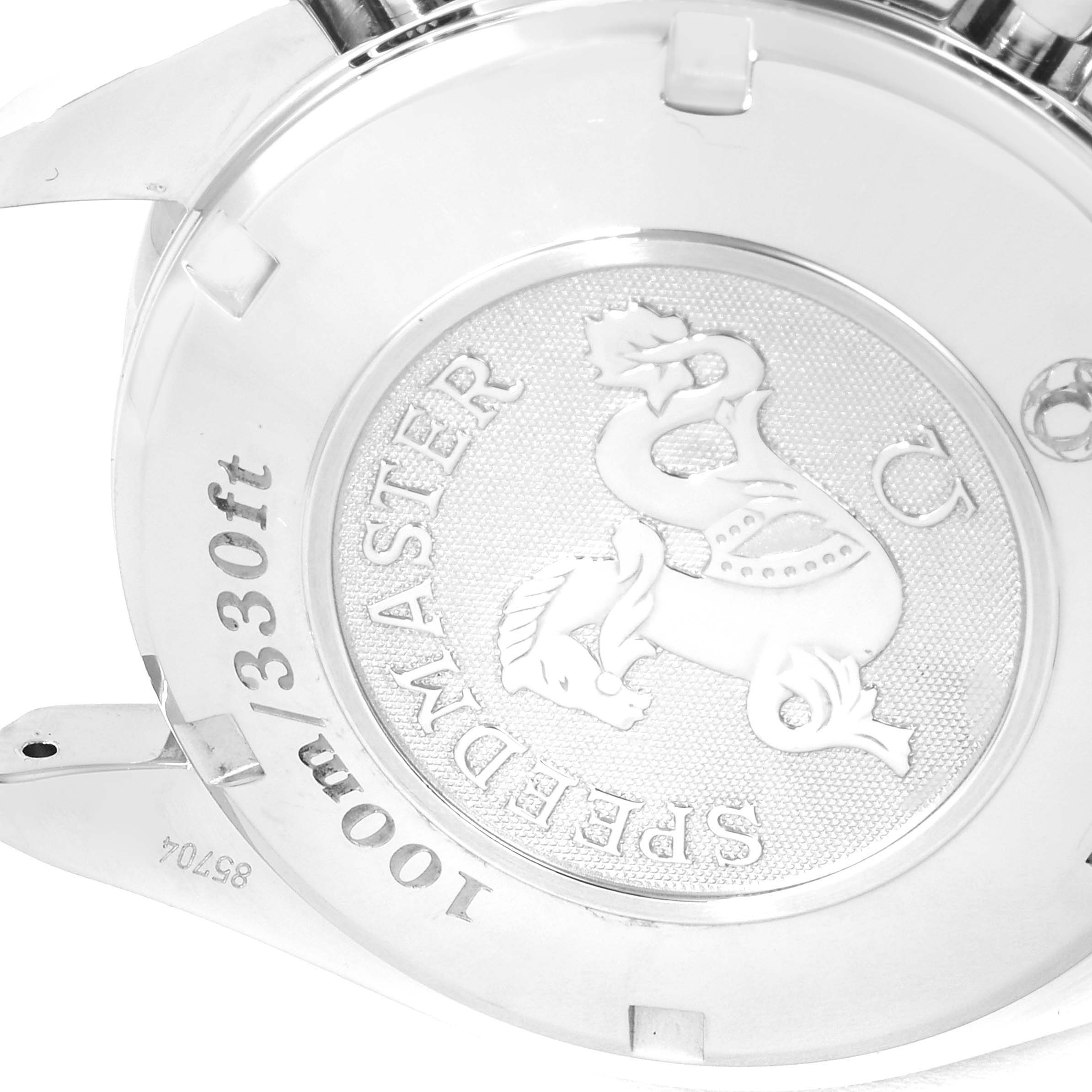 The image shows the back case of an Omega Speedmaster 3220.50.00 Men
s Stainless Steel Black Dial 3220.50.00 Men
s Stainless Steel Black Dial watch, highlighting its 100m/330ft water resistance engraving.