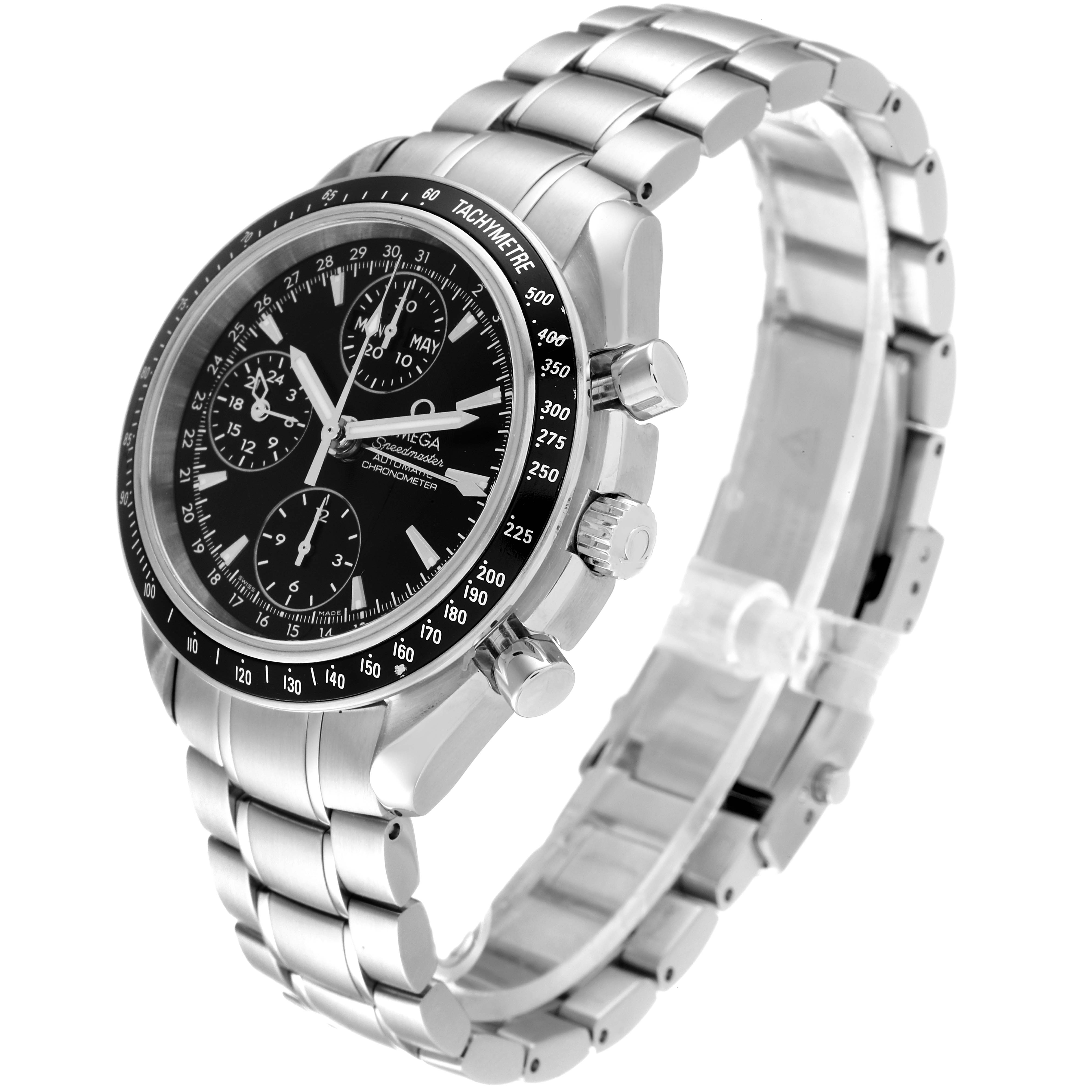 The image shows a side angle of an Omega Speedmaster 3220.50.00 Men
s Stainless Steel Black Dial 3220.50.00 Men
s Stainless Steel Black Dial watch, highlighting its bezel, dial, and metal bracelet.