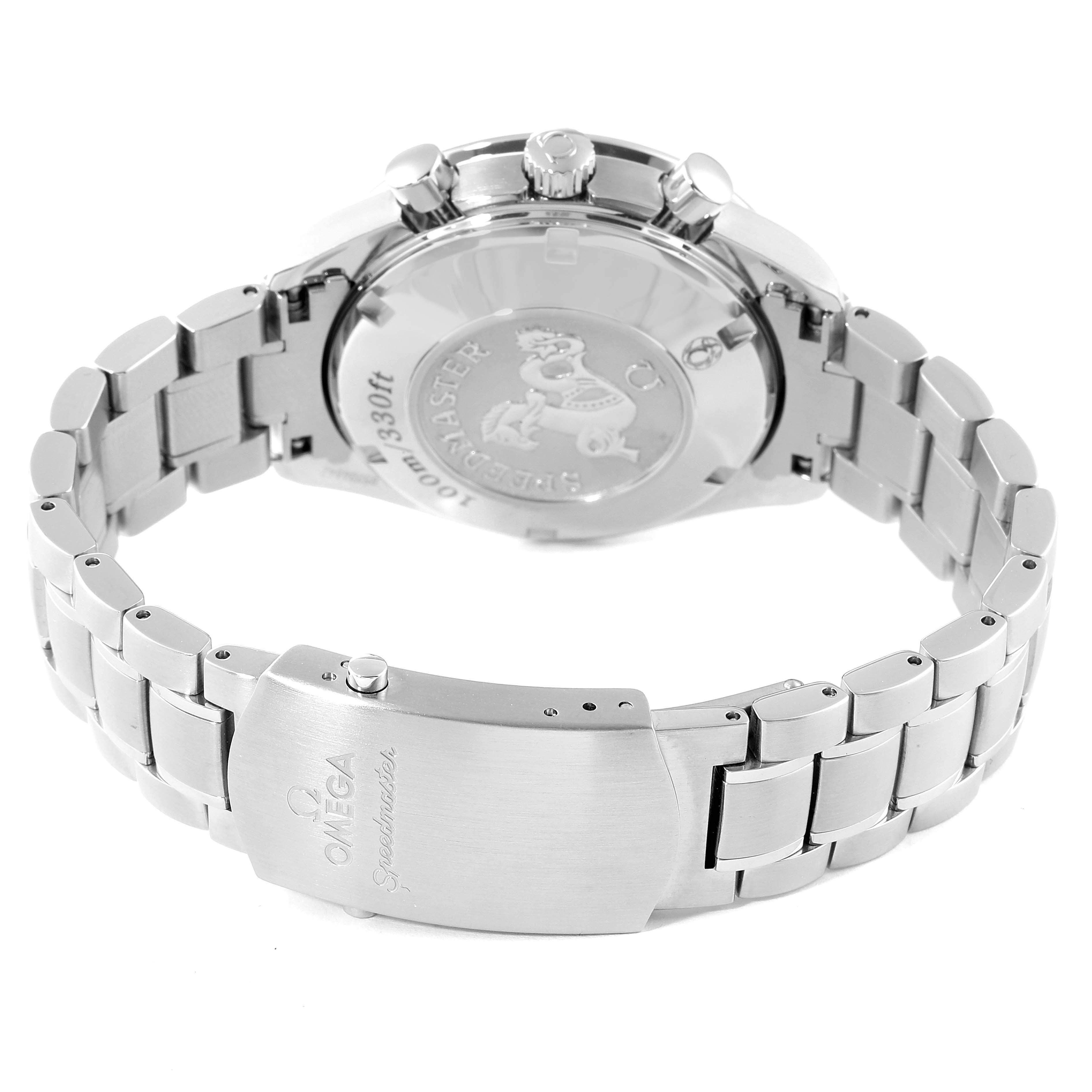 The image shows the backside and clasp of an Omega Speedmaster 3220.50.00 Men
s Stainless Steel Black Dial 3220.50.00 Men
s Stainless Steel Black Dial watch, highlighting its stainless steel bracelet.