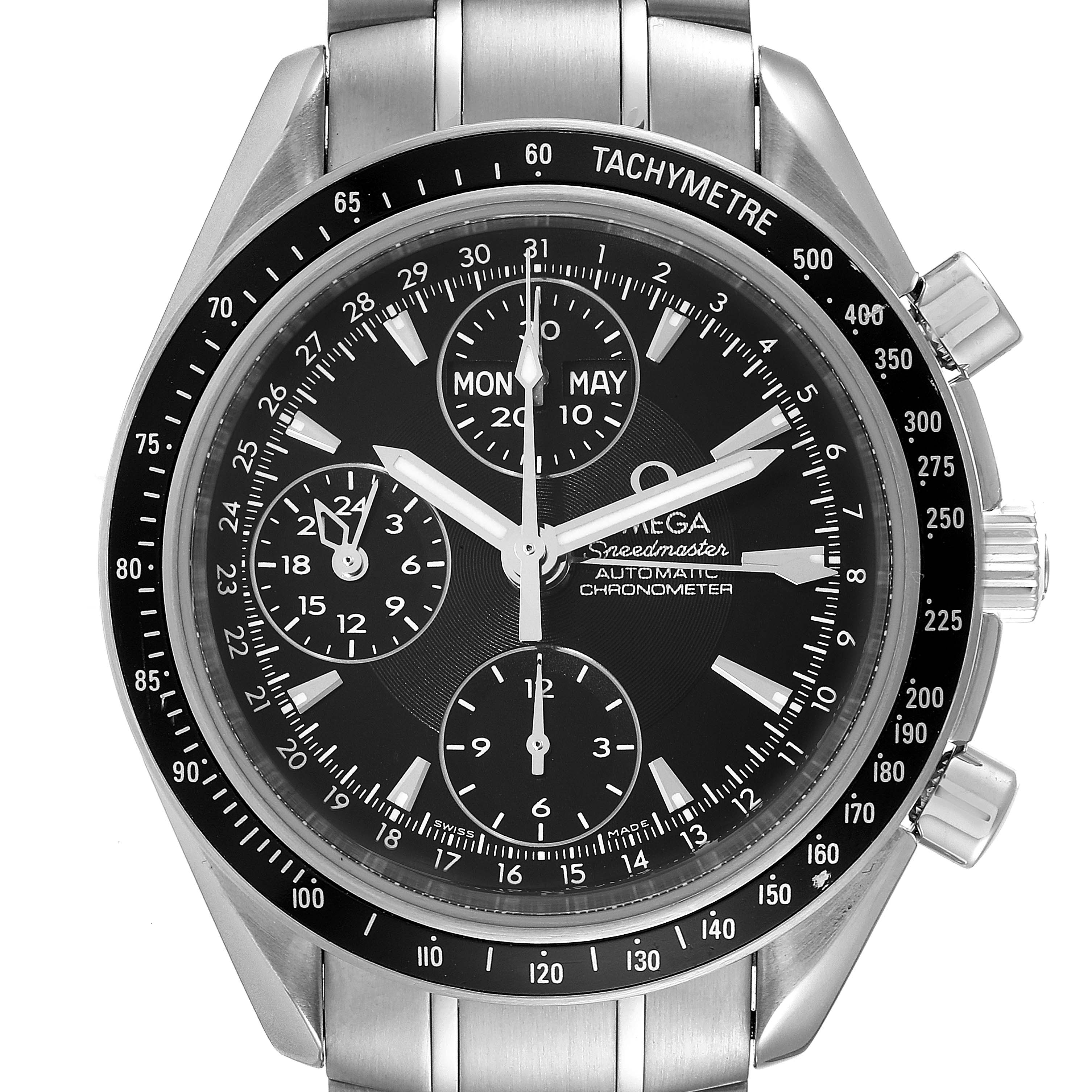 The Omega Speedmaster 3220.50.00 Men
s Stainless Steel Black Dial 3220.50.00 Men
s Stainless Steel Black Dial is shown from a front angle, displaying the dial, chronograph subdials, bezel, and part of the stainless steel bracelet.