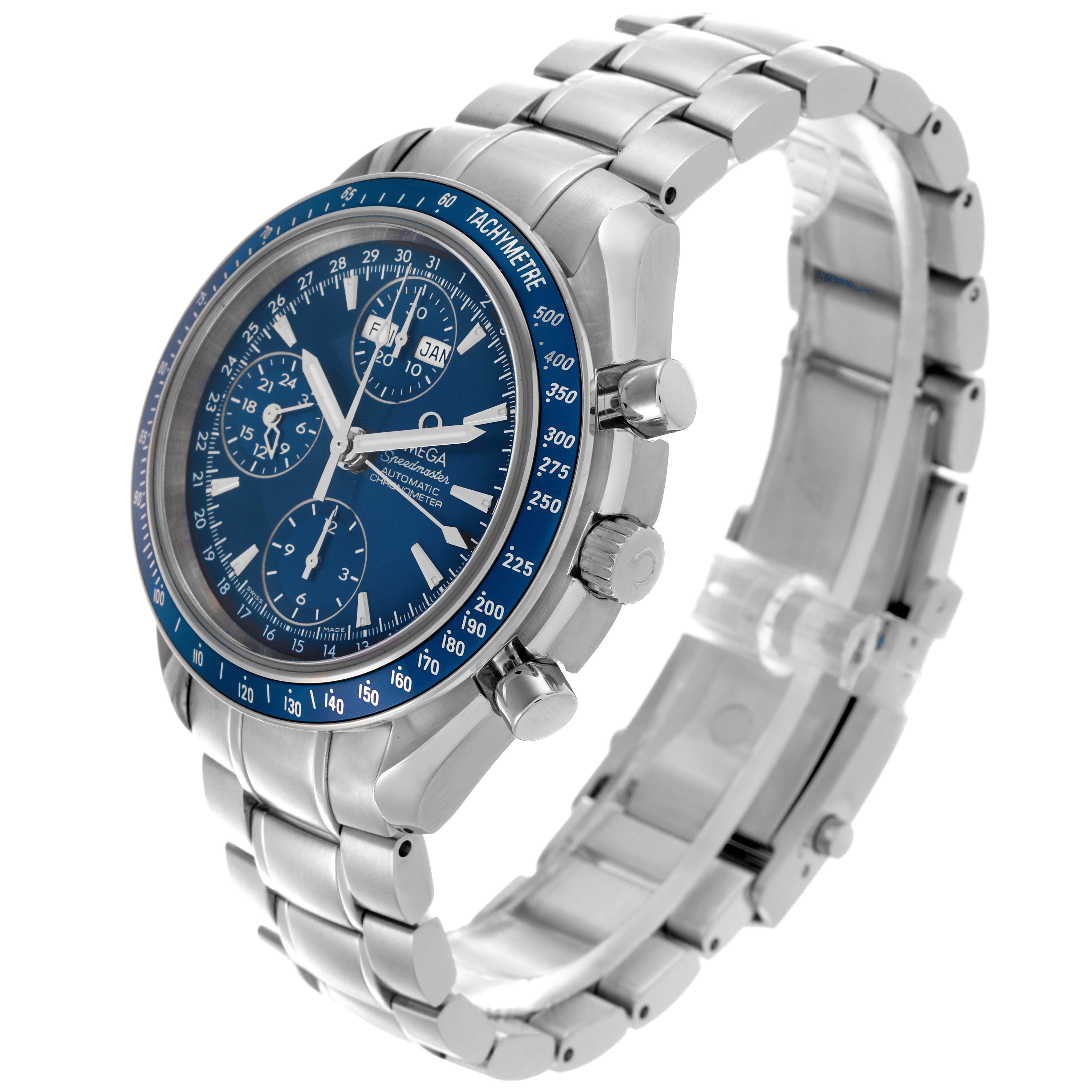 The Omega Speedmaster 3222.80.00 Men
s Stainless Steel Blue Dial 3222.80.00 Men
s Stainless Steel Blue Dial watch is shown at a side angle, displaying the face, bezel, crown, and bracelet.