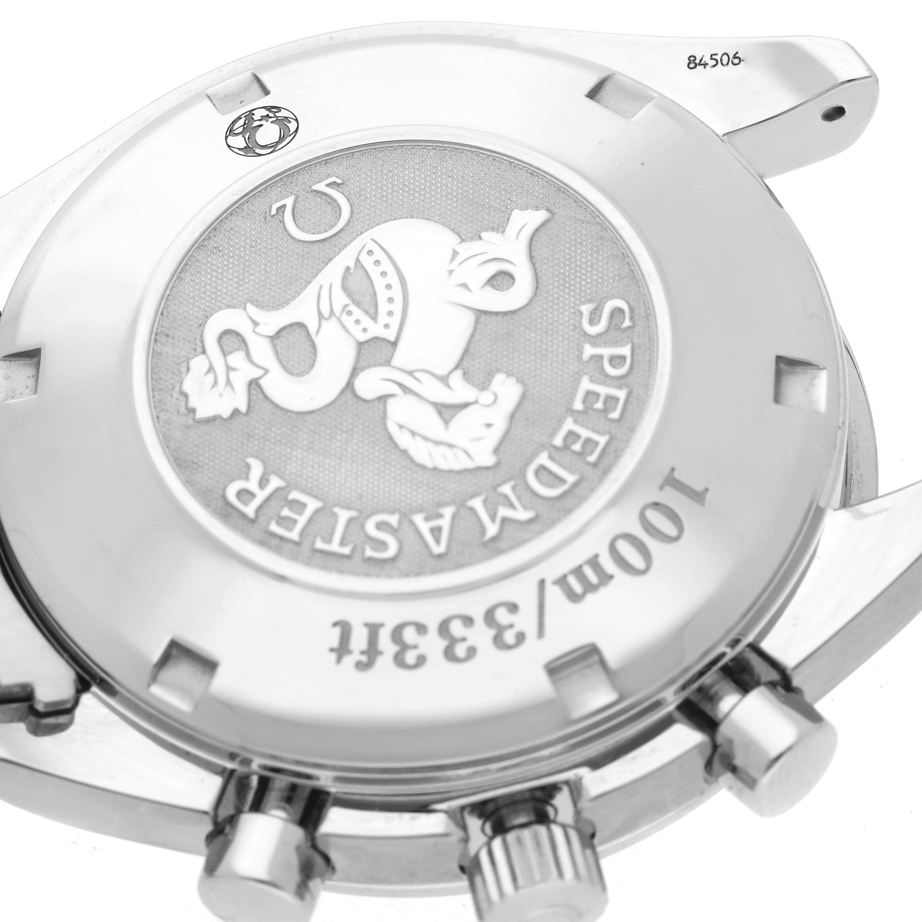 The image shows the case back and crown of an Omega Speedmaster 3222.80.00 Men
s Stainless Steel Blue Dial 3222.80.00 Men
s Stainless Steel Blue Dial watch at an angle.