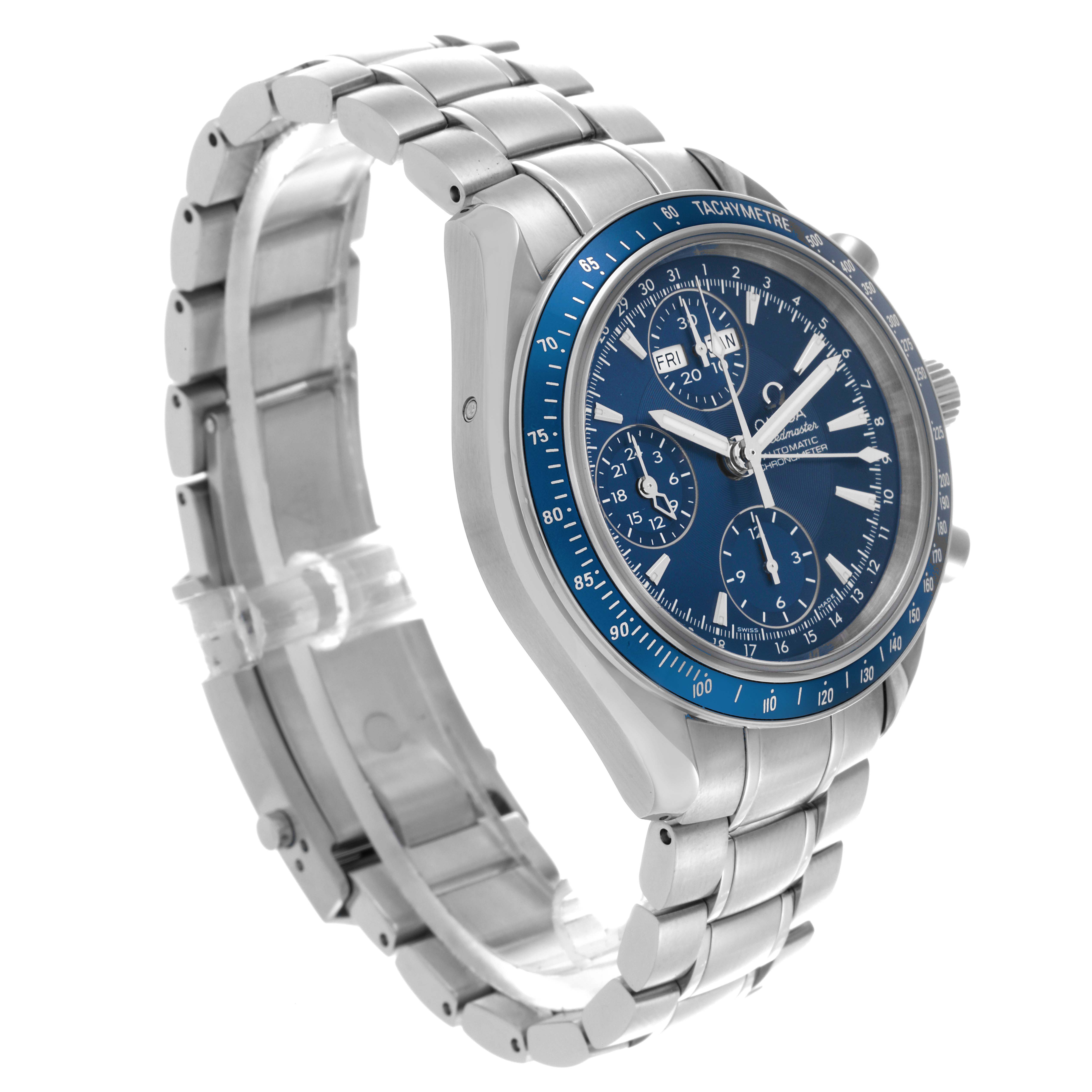 The Omega Speedmaster 3222.80.00 Men
s Stainless Steel Blue Dial 3222.80.00 Men
s Stainless Steel Blue Dial watch is shown from a three-quarter angle, highlighting the face, tachymeter bezel, and metal bracelet.