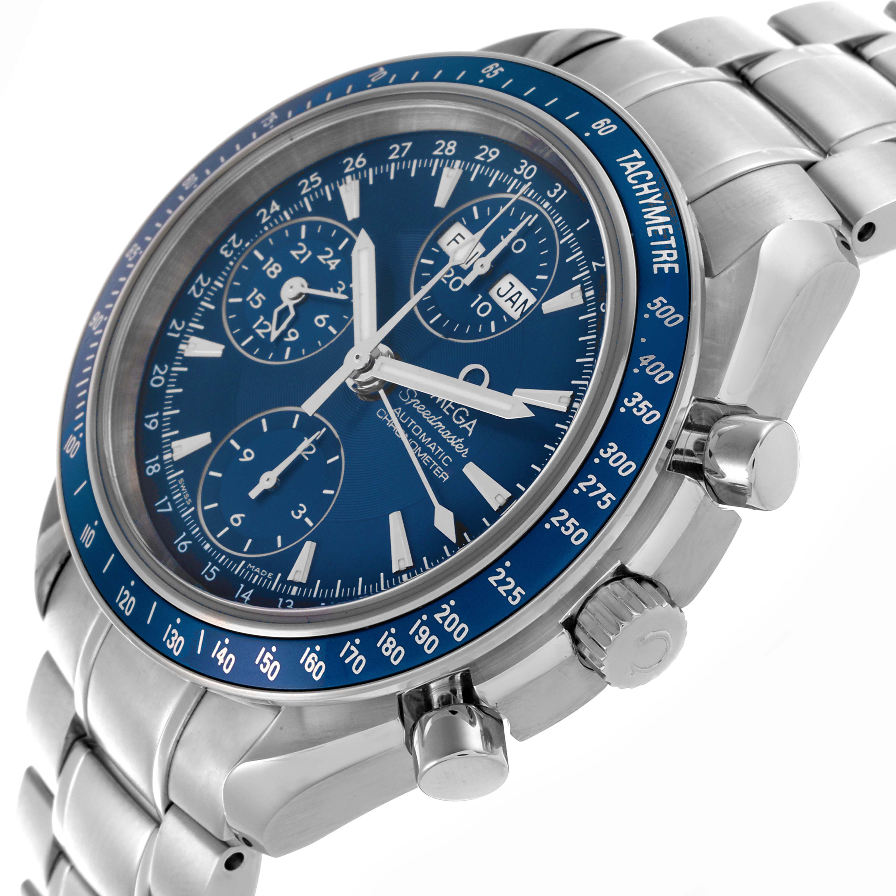 The Omega Speedmaster 3222.80.00 Men
s Stainless Steel Blue Dial 3222.80.00 Men
s Stainless Steel Blue Dial watch is shown at an angled side view, highlighting the bezel, dial, pushers, and bracelet.