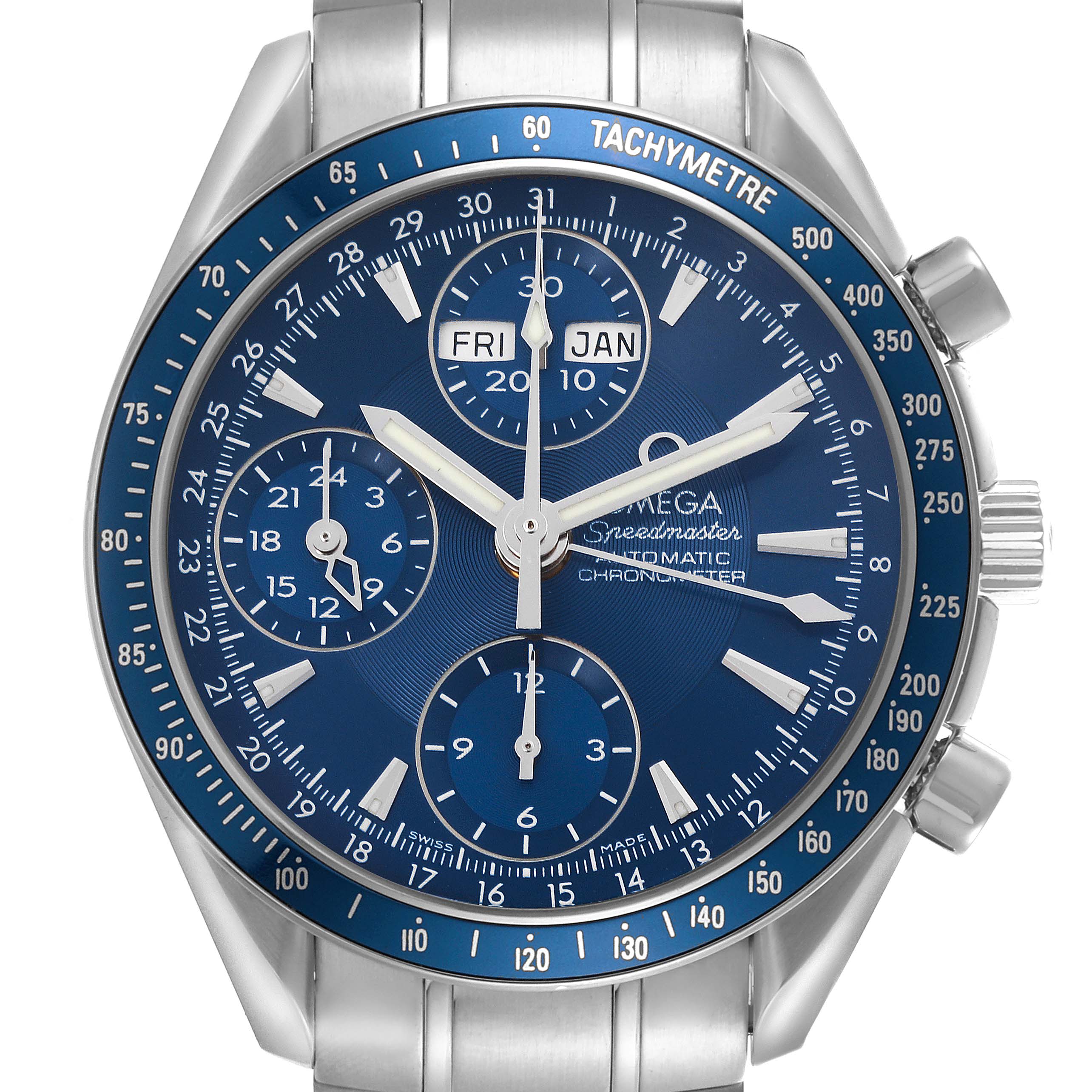 The Omega Speedmaster 3222.80.00 Men
s Stainless Steel Blue Dial 3222.80.00 Men
s Stainless Steel Blue Dial watch is shown front-facing, highlighting the dial, tachymeter bezel, sub-dials, and crown.